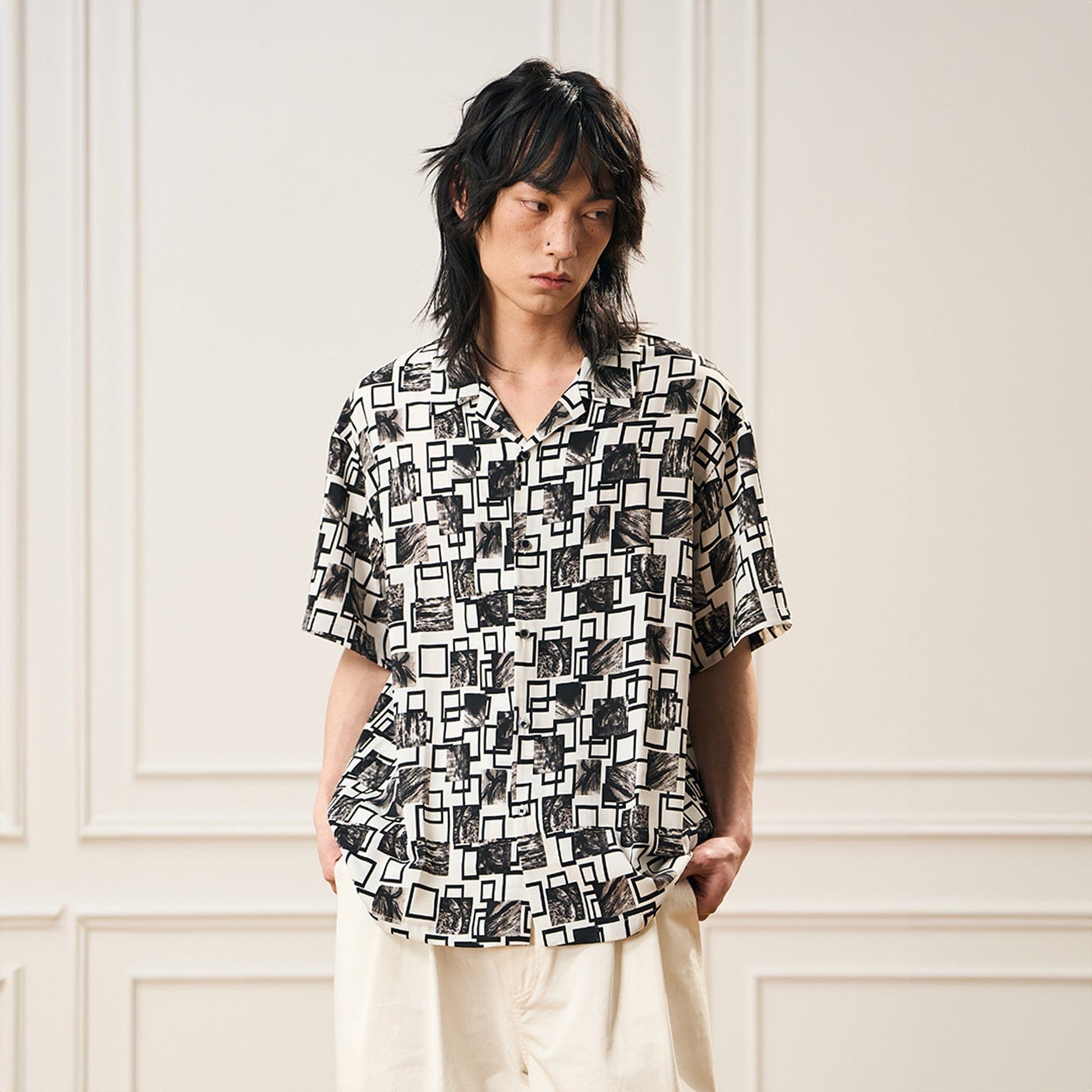 EPIC POETRY Monochrome Collage Grid Cuban Half Shirt-Half shirt-S-Free Shipping Leatheretro