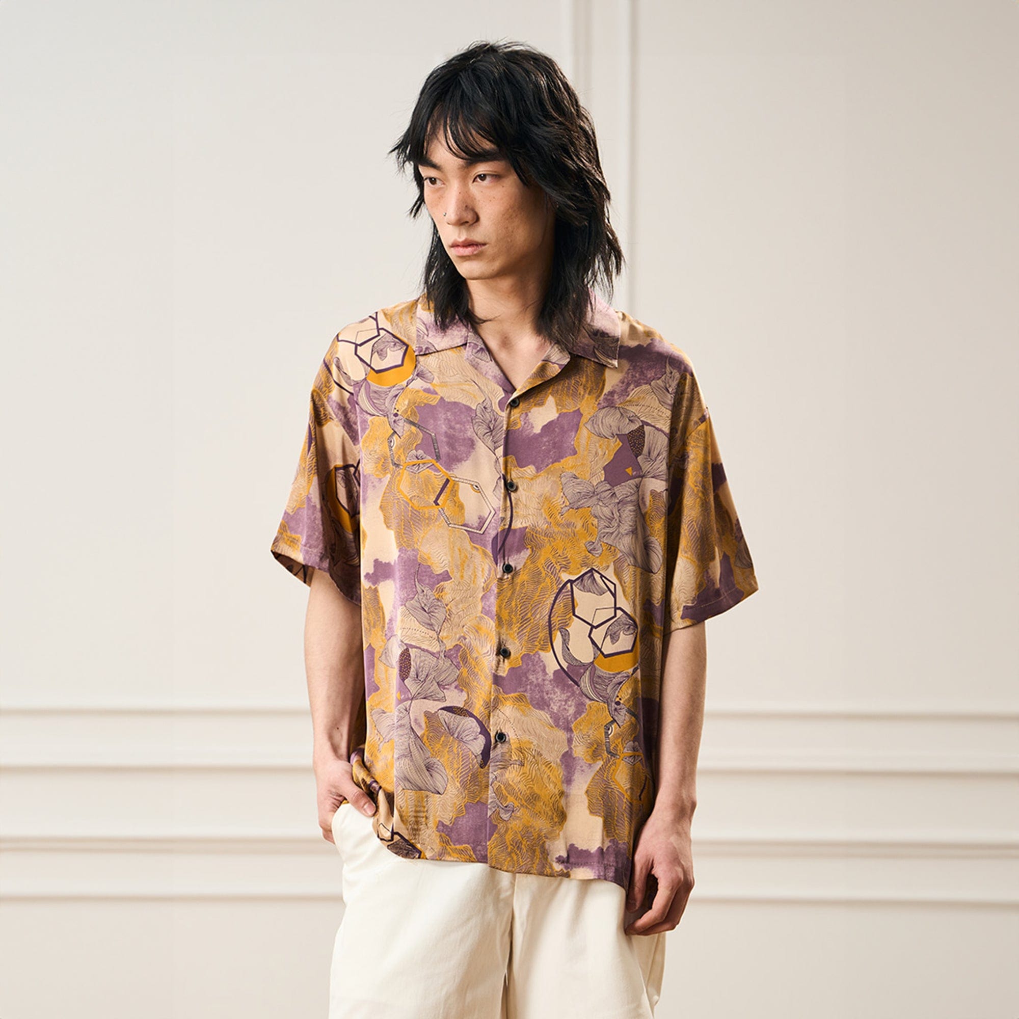 EPIC POETRY Botanic Geometry Satin Cuban Half Shirt-Half shirt-S-Free Shipping Leatheretro
