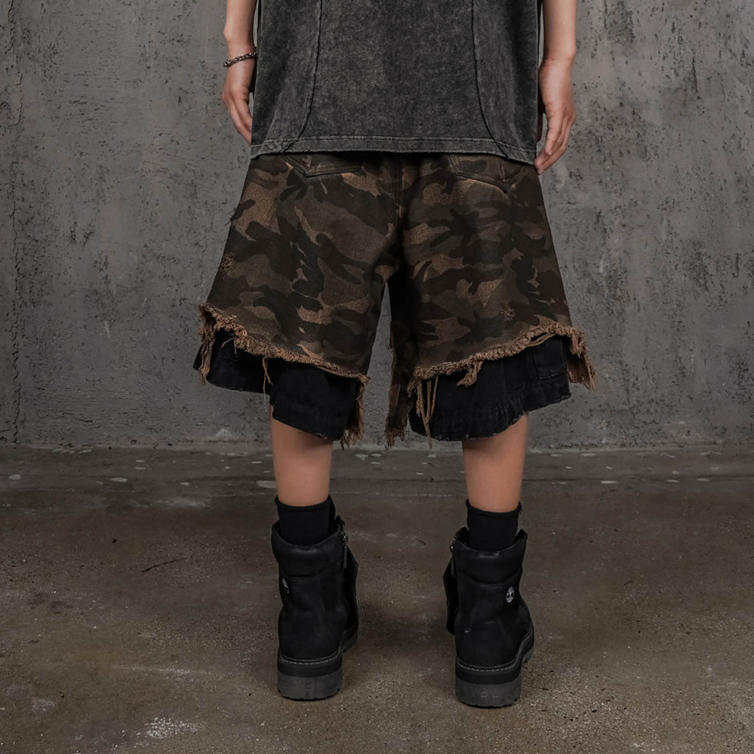 UNDERWATER Double-Layered Ripped Black Shorts Camo-Shorts-S-Free Shipping Leatheretro