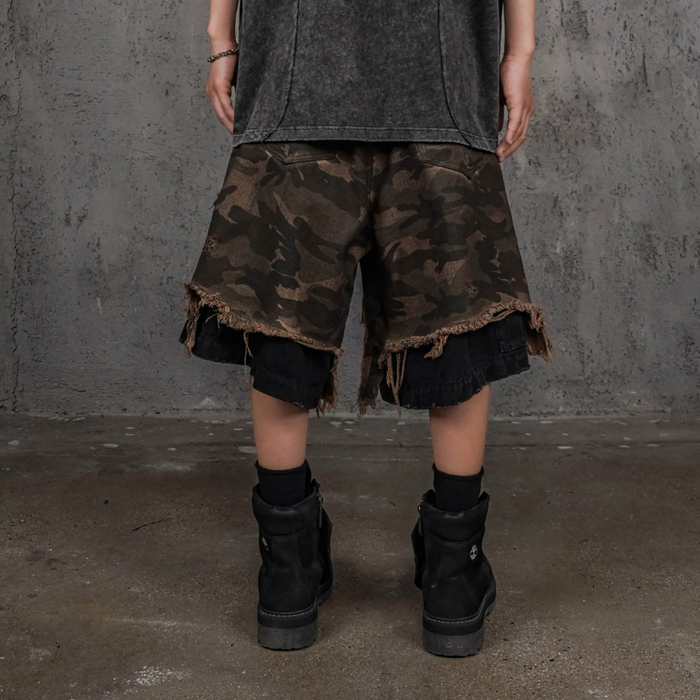 UNDERWATER Double-Layered Ripped Black Shorts Camo-Shorts-S-Free Shipping Leatheretro