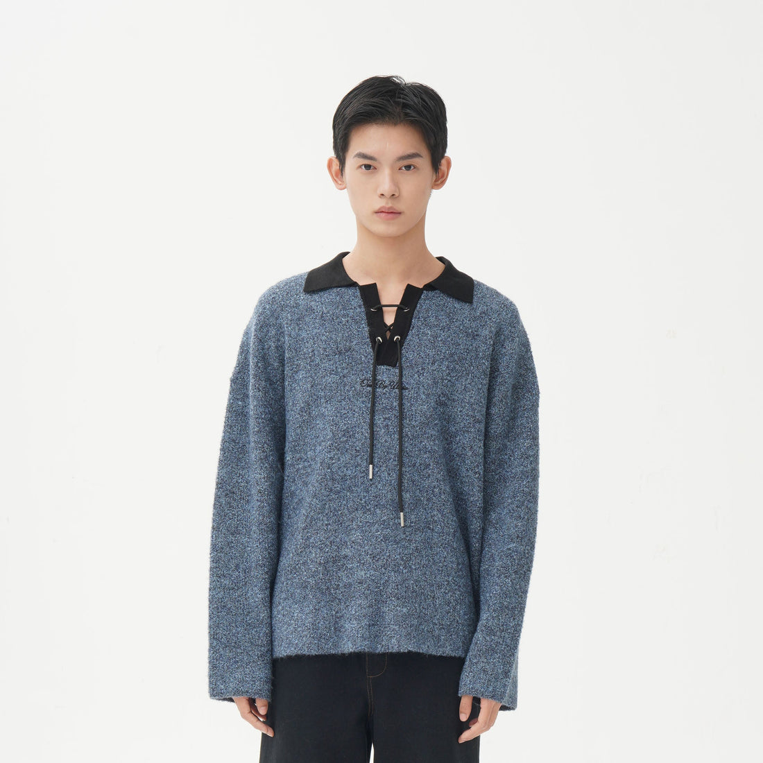 ORAL UTOPIA Lace-Up Polo Collar Knit Pullover-Sweater-M-Free Shipping Leatheretro