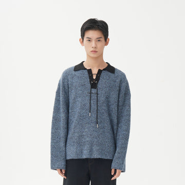 ORAL UTOPIA Lace-Up Polo Collar Knit Pullover-Sweater-M-Free Shipping Leatheretro