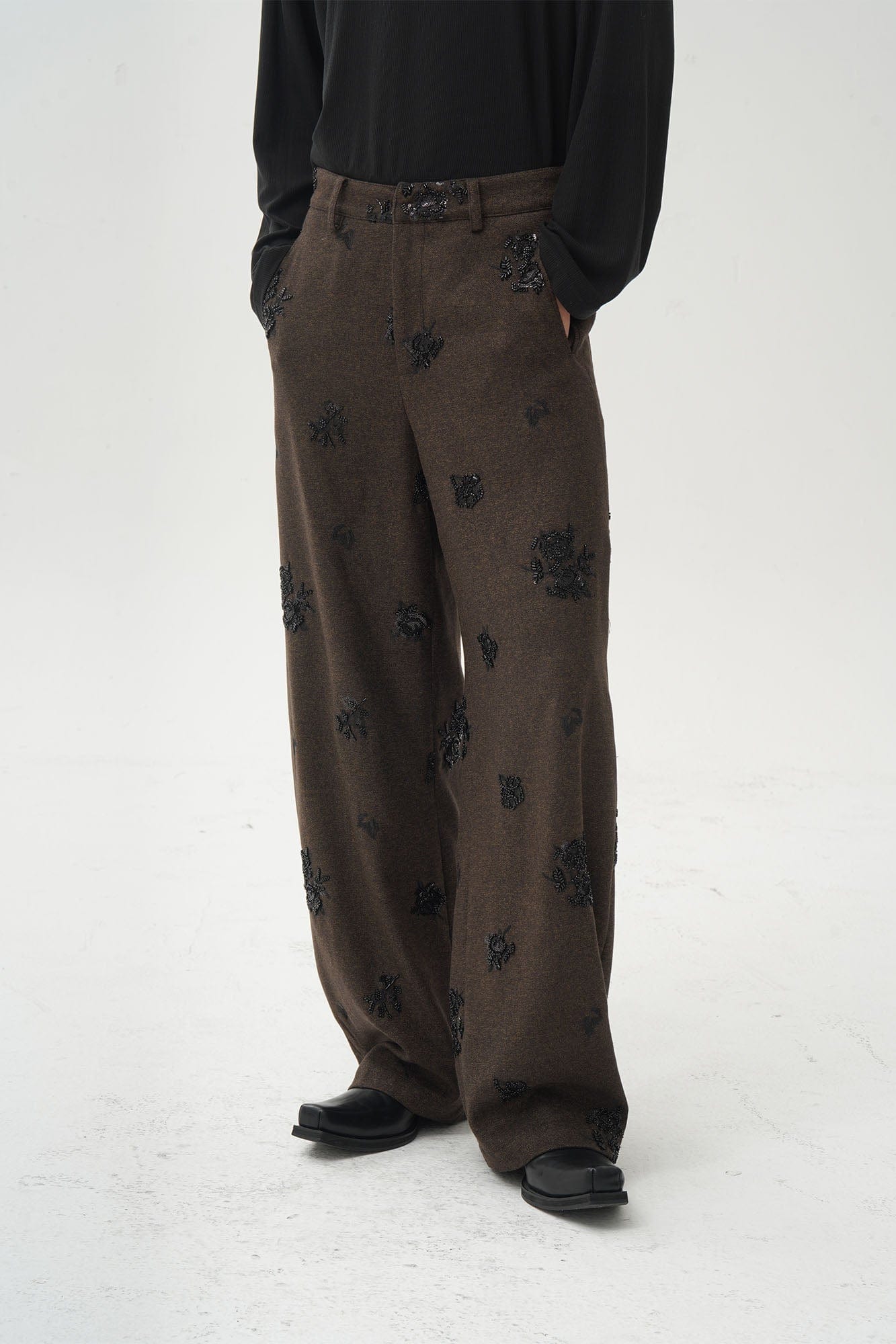 ORAL UTOPIA Embellished Sequin Embroidery Curved Pants-Pants-S-Free Shipping Leatheretro
