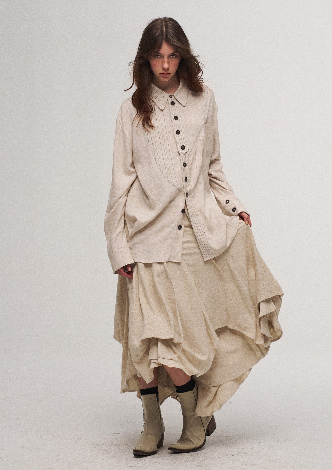 ILNya Nieternite Nifutur Shield Panel Pleated Cotton-Linen Shirt-Shirt-S (0) (Preorder)-Free Shipping Leatheretro