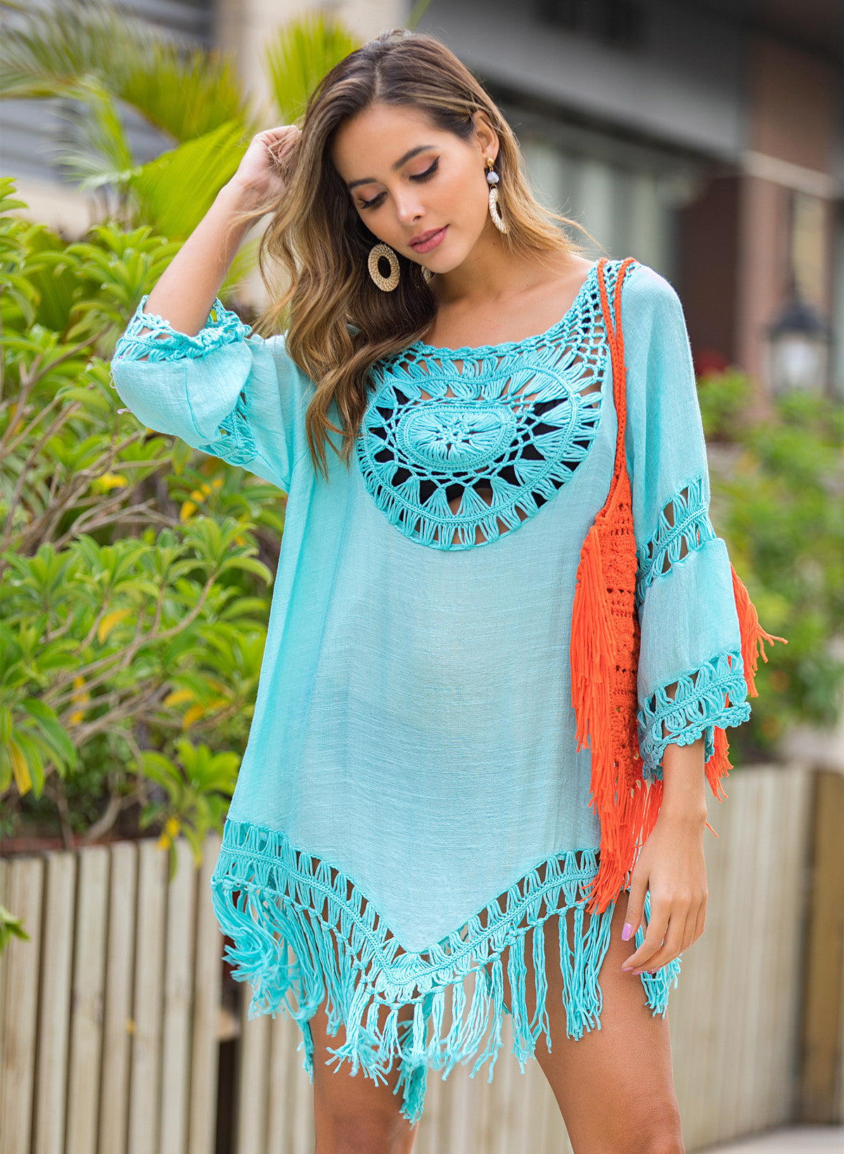 Summer Holdiay Crochet Tassels Beach Cover Up Dresses-Swimwear-Blue-One Size-Free Shipping Leatheretro