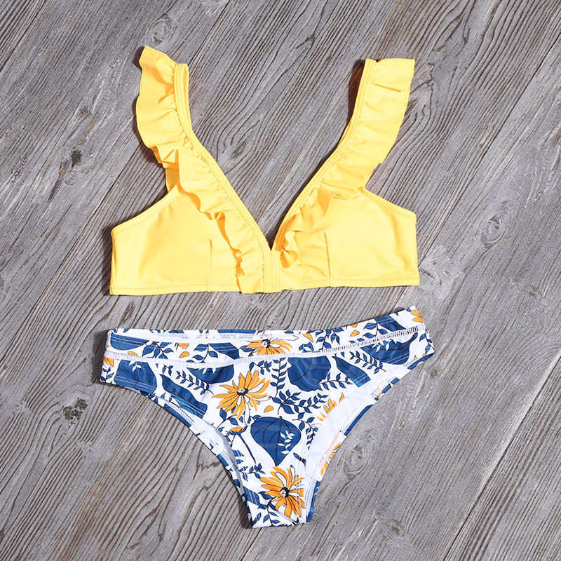 Sexy Women Ruffled Two Pieces Swimsuits-Swimwear-Yellow-S-Free Shipping Leatheretro