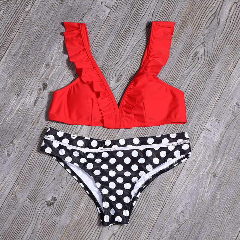 Sexy Women Ruffled Two Pieces Swimsuits-Swimwear-Red-S-Free Shipping Leatheretro