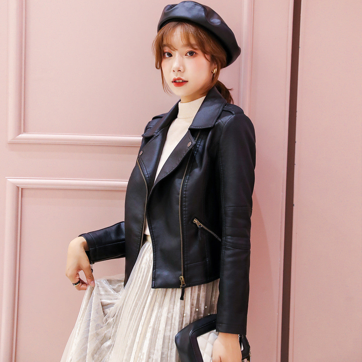 Women's PU Leather Motorcycle Jacket-black-XS-Free Shipping Leatheretro