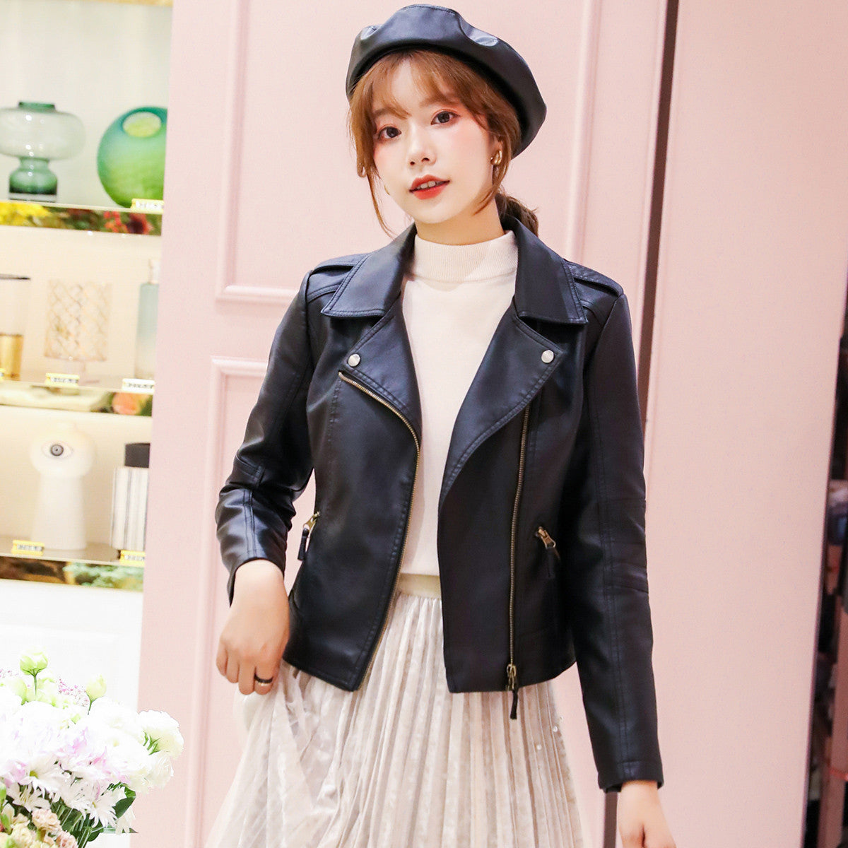Women's PU Leather Motorcycle Jacket-black-XS-Free Shipping Leatheretro