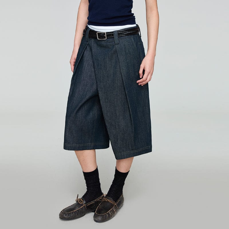 OPICLOTH Washed Asymmetric Fly Pleated Denim Shorts-Shorts-XS-Free Shipping Leatheretro