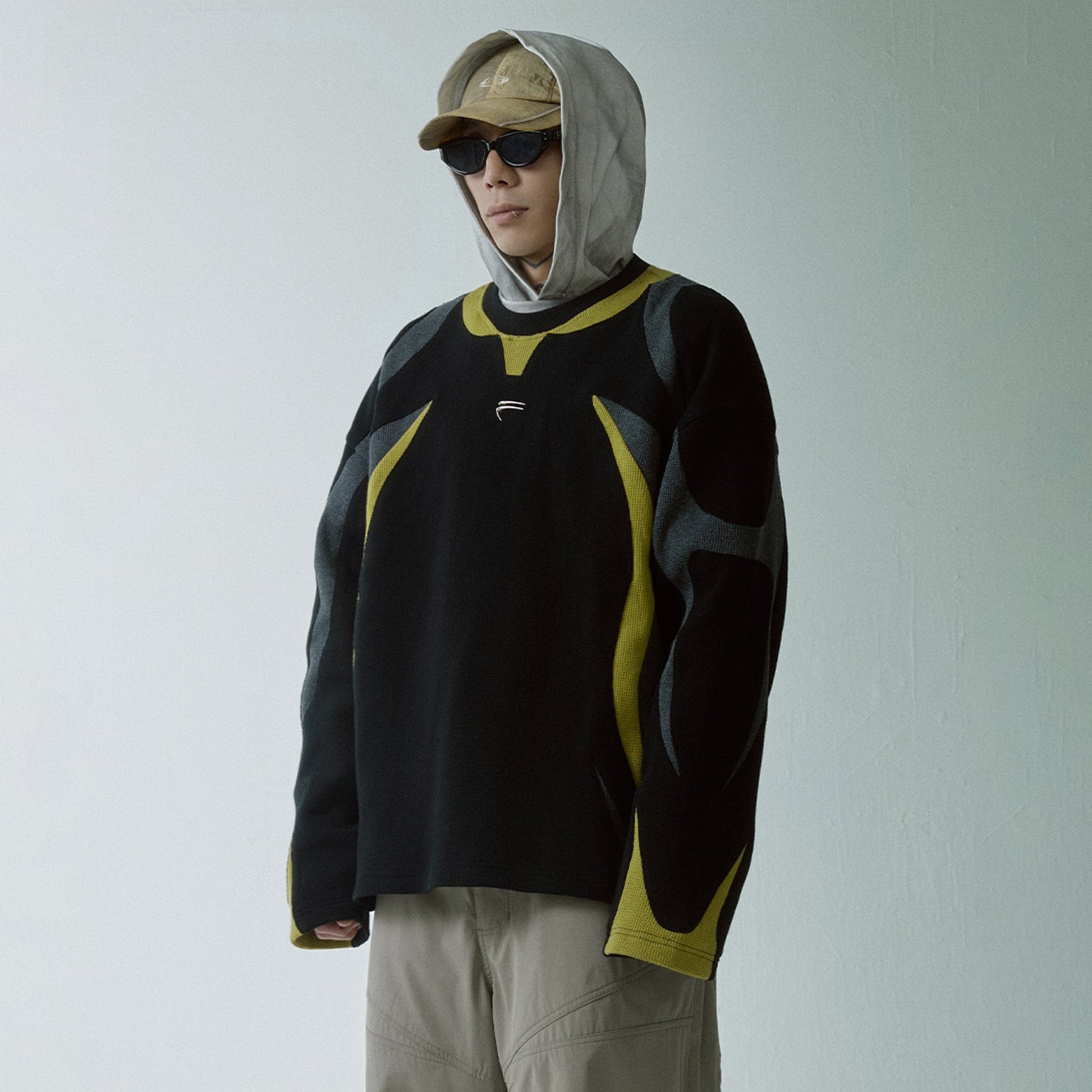 F2CE Modern Deconstructed Waffle Sweatshirt-Sweatshirt-S-Black-Free Shipping Leatheretro