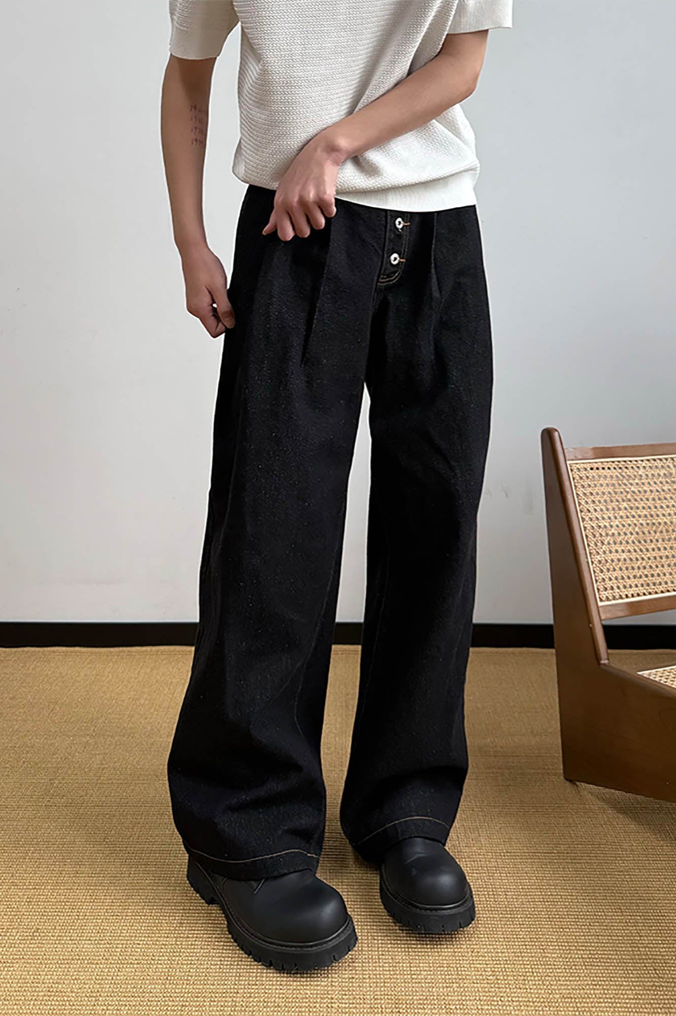 KREATE Retro Button-Fly Pleated Wide-Leg Jeans-Jeans-S-Free Shipping Leatheretro