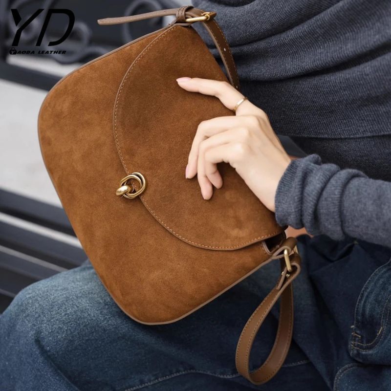 Luxury Women’s Leather Suede Shoulder Saddle Crossbody Bag-Handbags-Brown-Free Shipping Leatheretro