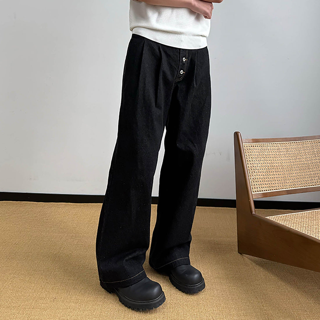 KREATE Retro Button-Fly Pleated Wide-Leg Jeans-Jeans-S-Free Shipping Leatheretro