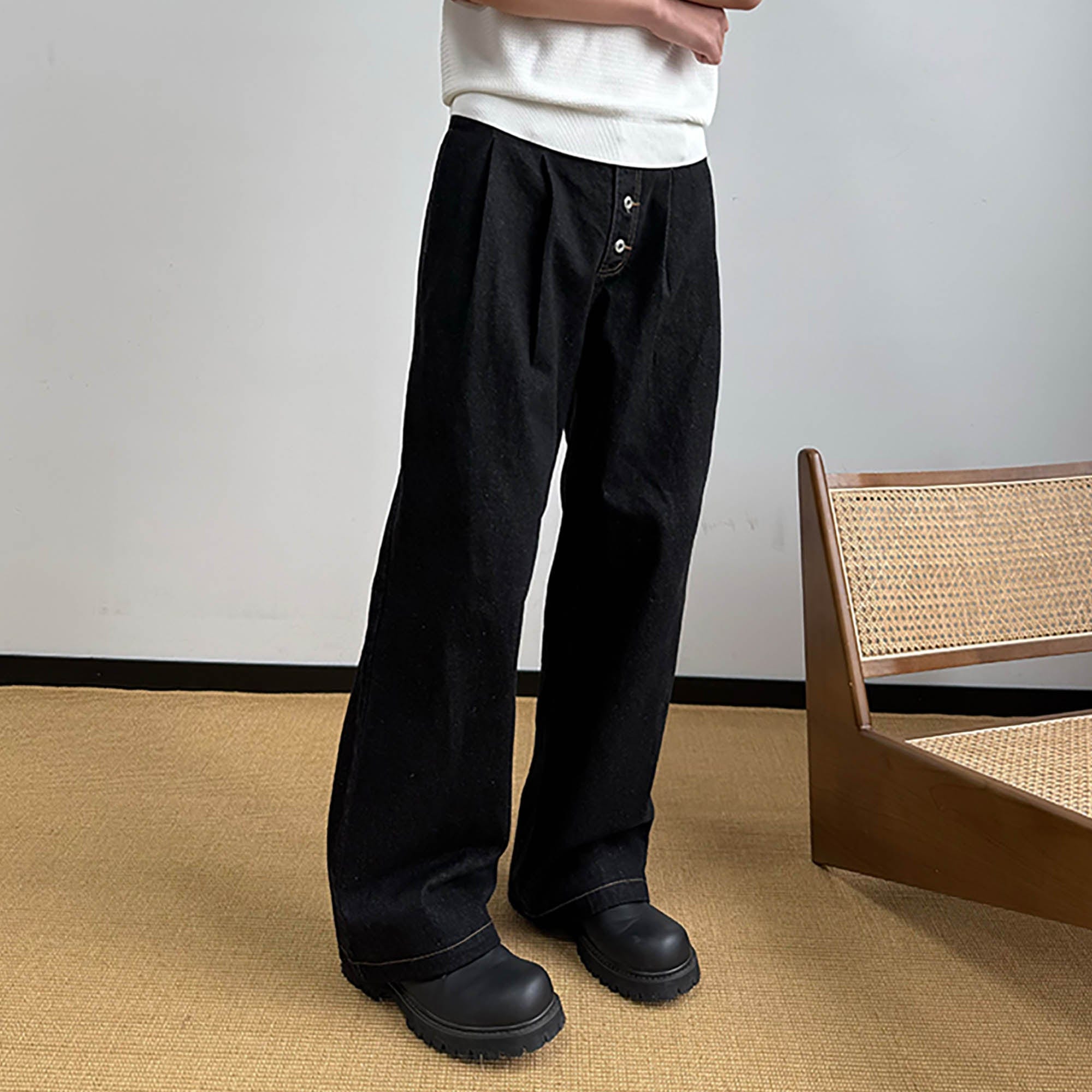 KREATE Retro Button-Fly Pleated Wide-Leg Jeans-Jeans-S-Free Shipping Leatheretro