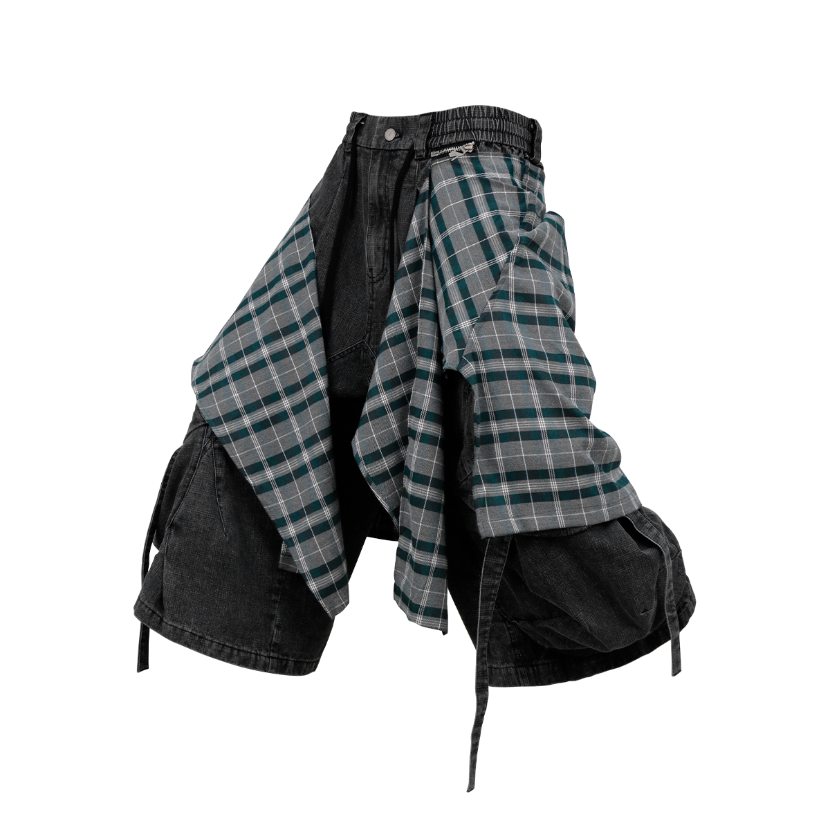 RELABEL Detachable Plaid Drape Oversized Denim Shorts-Shorts-XS-Free Shipping Leatheretro