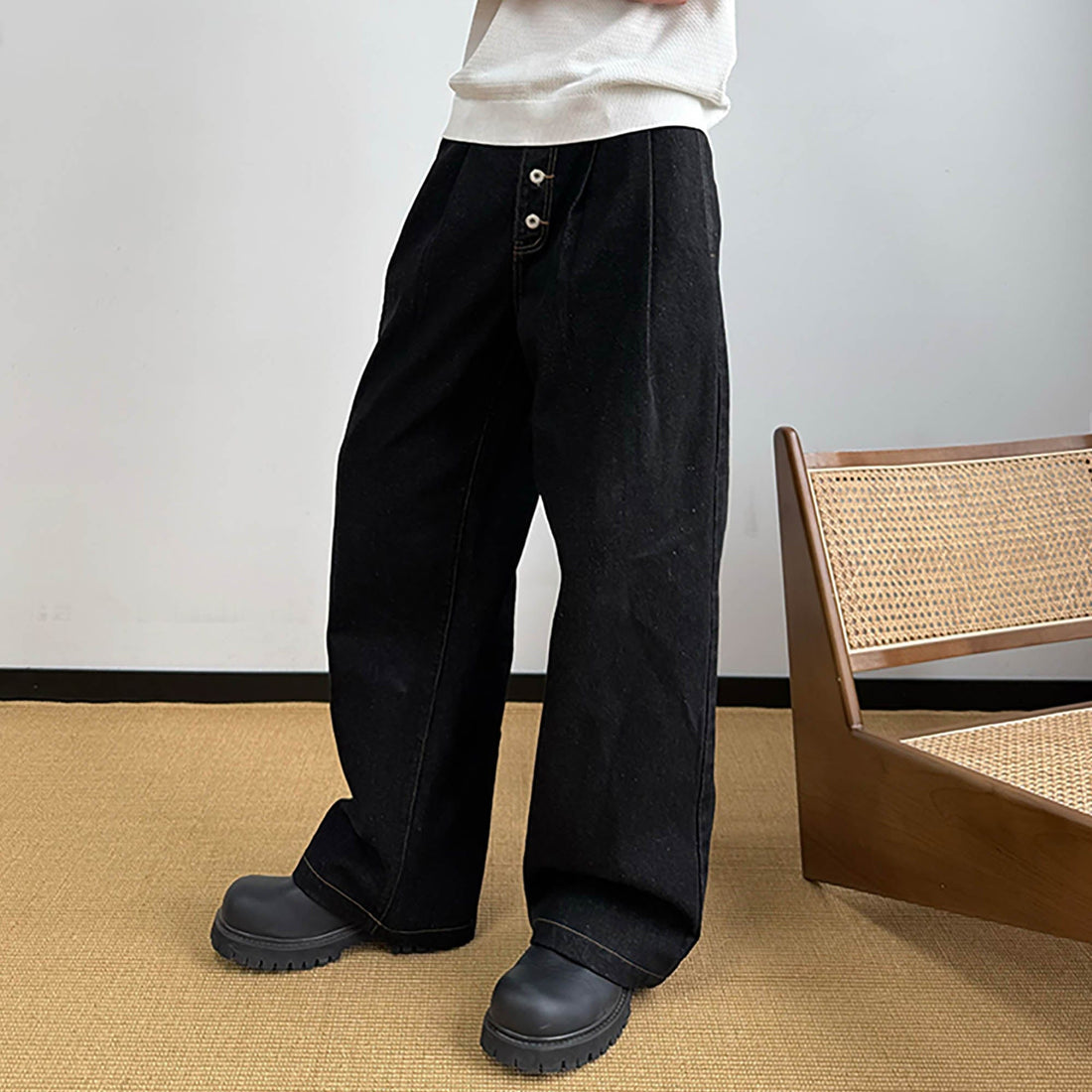 KREATE Retro Button-Fly Pleated Wide-Leg Jeans-Jeans-S-Free Shipping Leatheretro