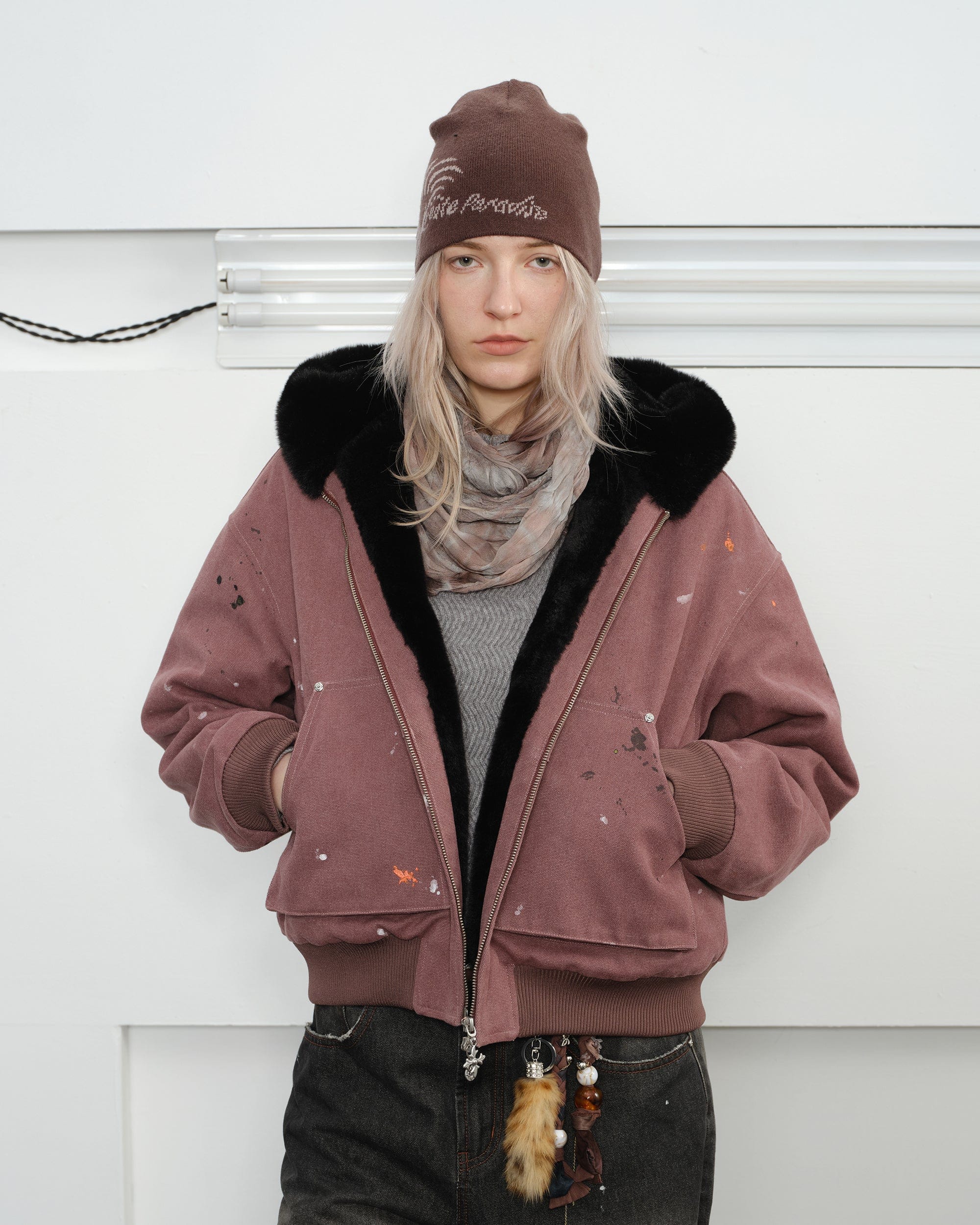 KREATE Rivet Zipper Paint-splattered Fleece-Lined Hooded Jacket-Jacket-S-Purple-Free Shipping Leatheretro