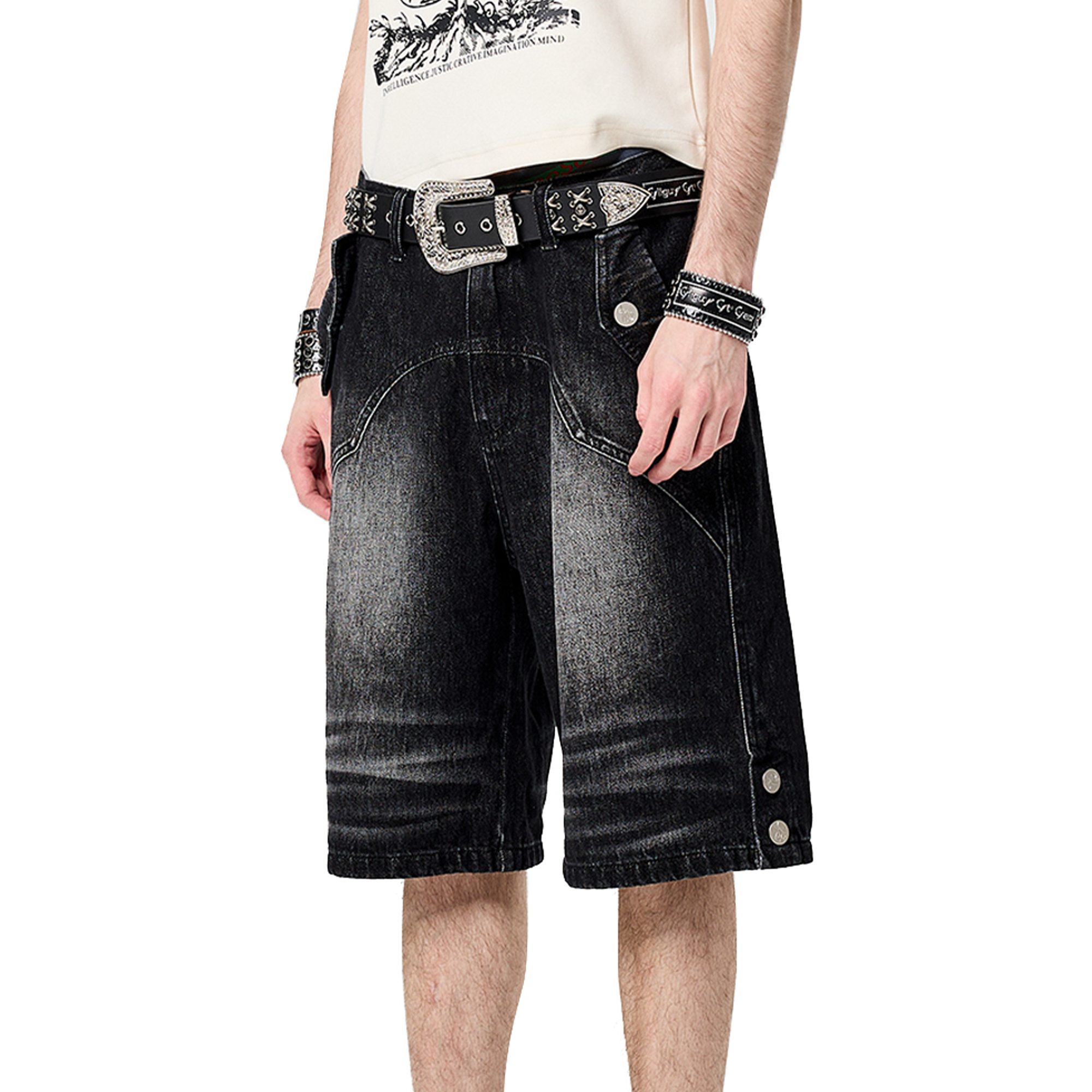 CYCYCY Retro Washed Paneled Denim Shorts-Shorts-XS / 28“-Free Shipping Leatheretro