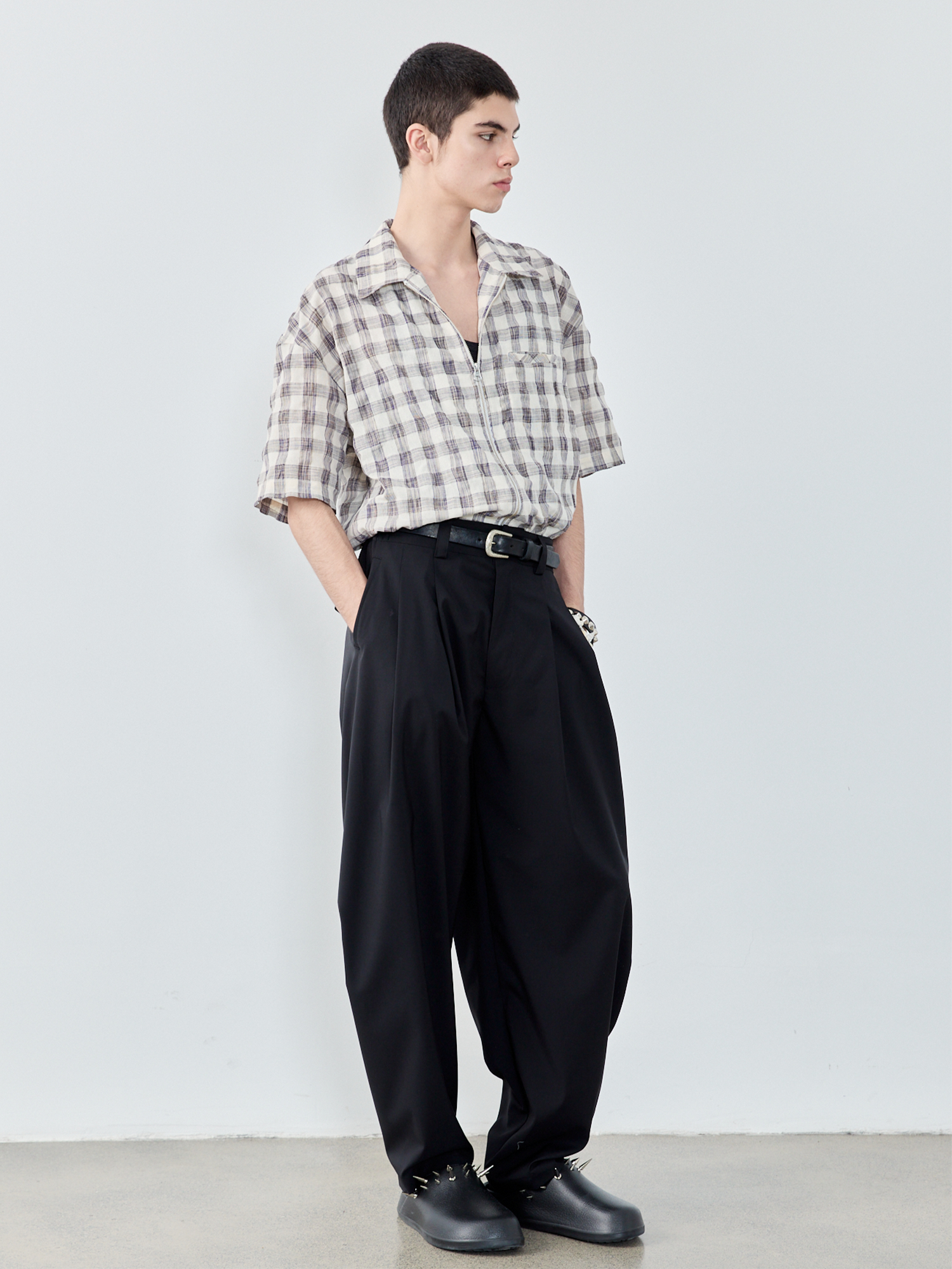 GRAINMUSTARD Retro Plaid Zip Half Shirt-Half shirt-XS-Free Shipping Leatheretro