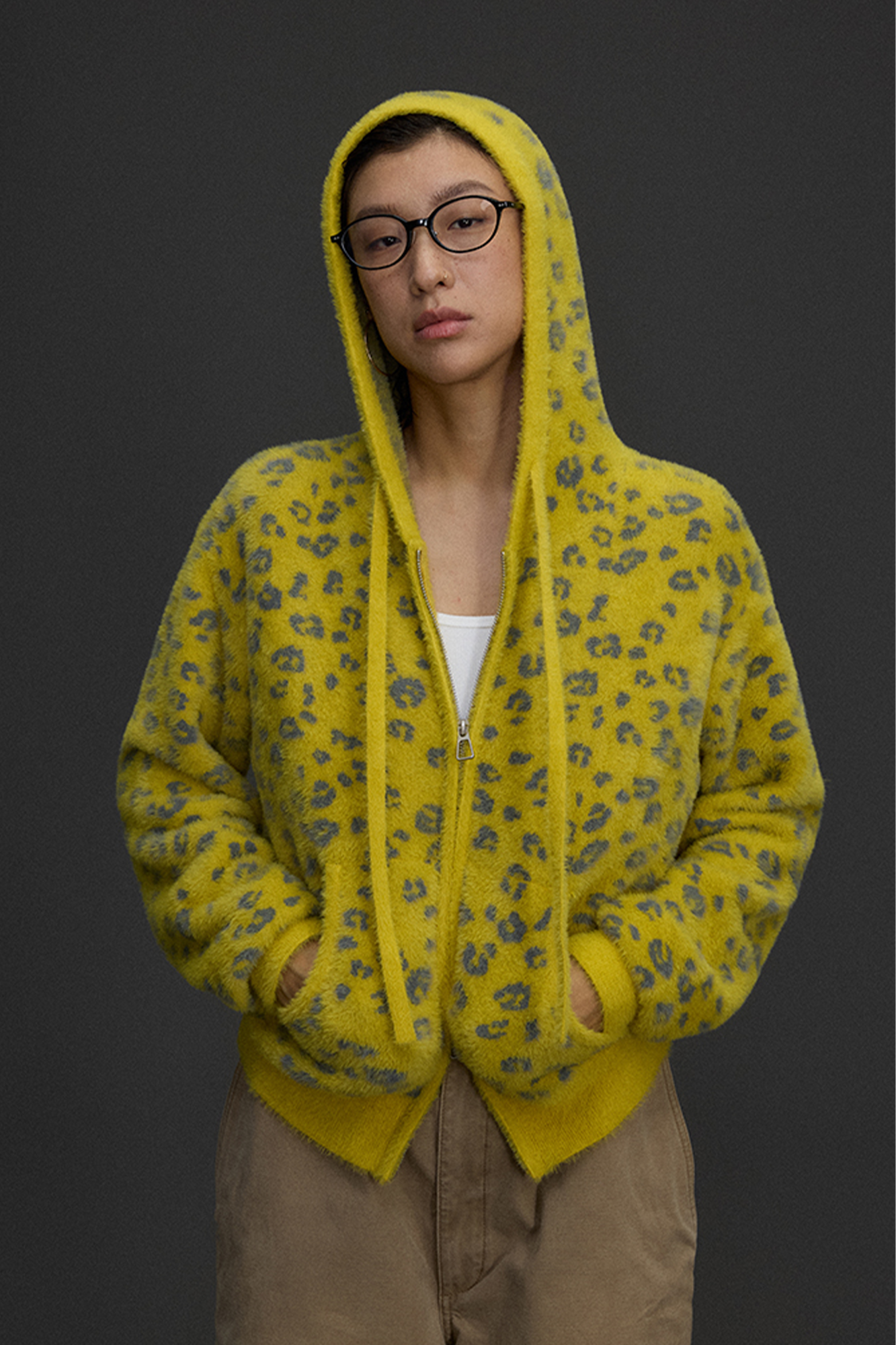 NIANJIUYIKOUER Fuzzy Leopard Jacquard Zip-Up Hooded Cardigan-Jacket-XS-Free Shipping Leatheretro