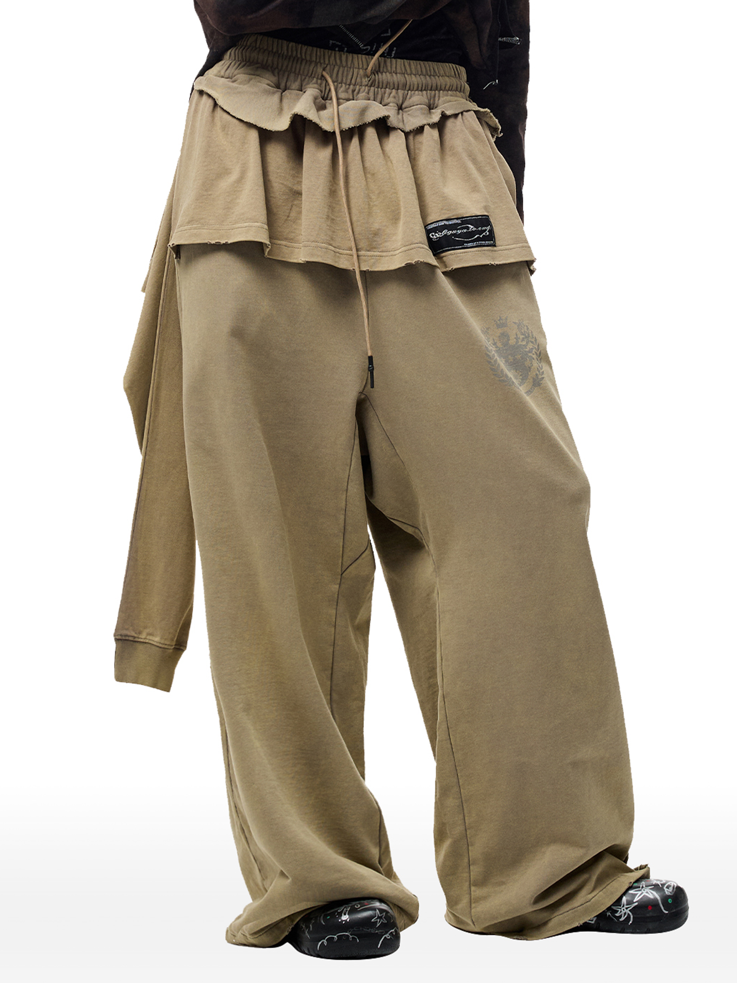 CYCYCY Layered Raw Edge Wide-Leg Sweatpants Khaki-Pants-S / 23"-Free Shipping Leatheretro