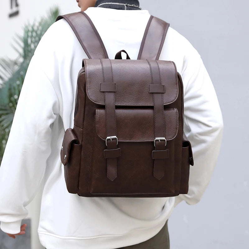 Stylish Men’s PU Leather Laptop Backpack – Large Capacity School & Travel Bag-Backpacks-Black-Free Shipping Leatheretro