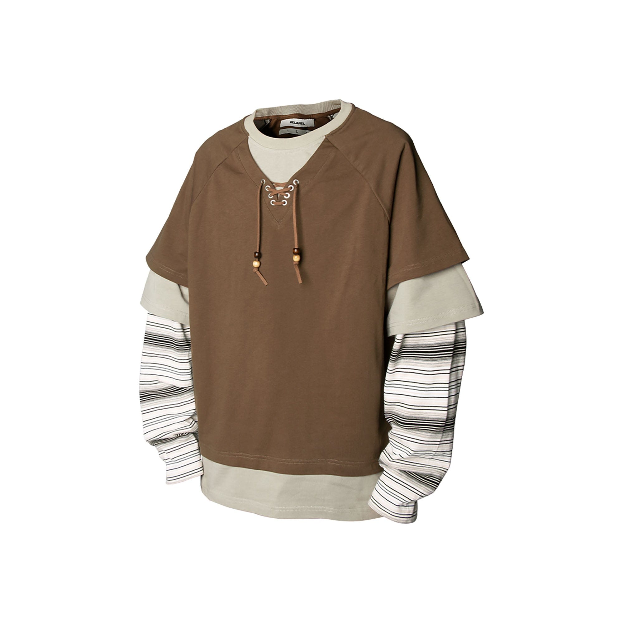 RELABEL Layered Stripe-Sleeve Lace-Up Sweatshirt Brown-Sweatshirt-XS-Free Shipping Leatheretro