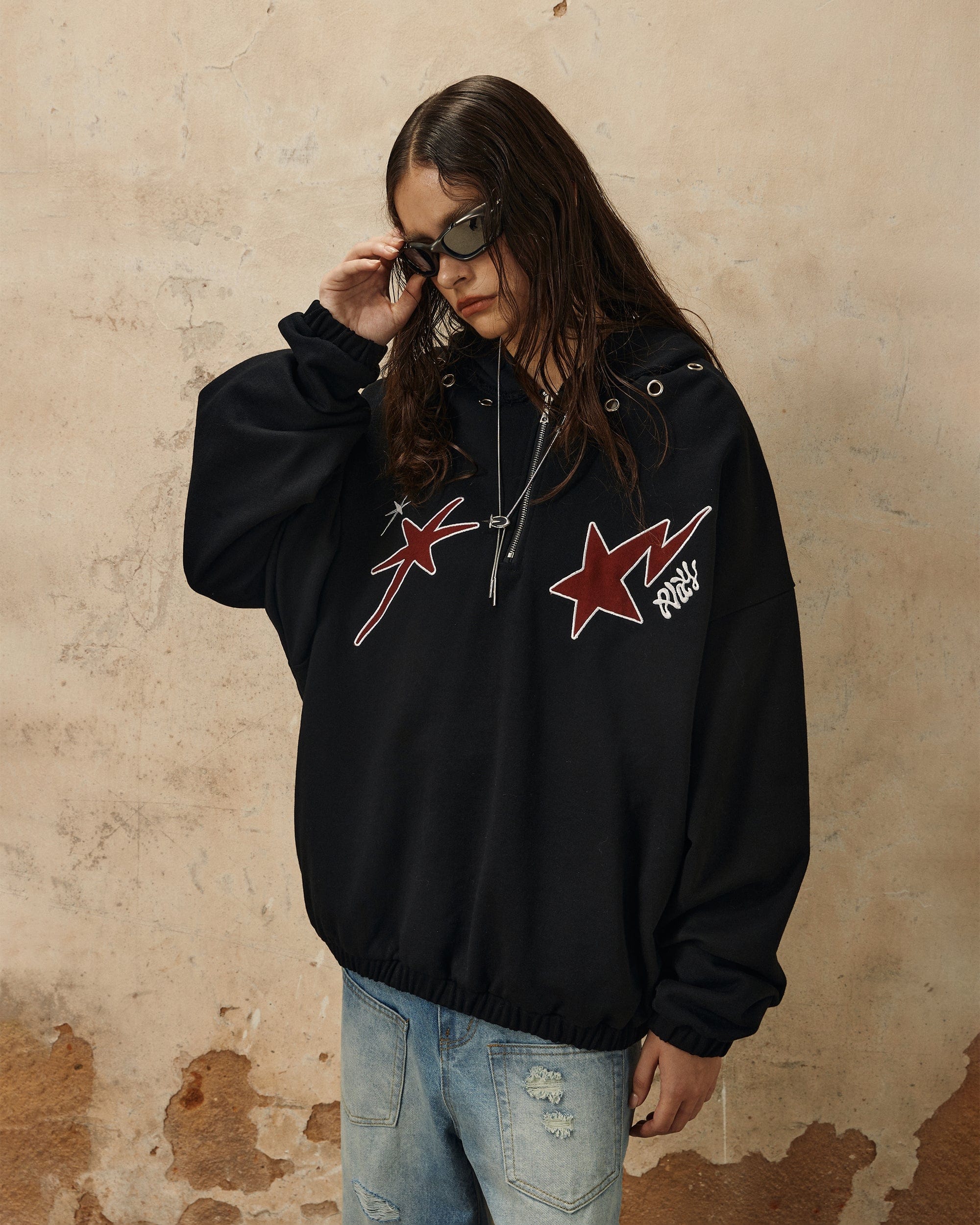 OVDY Star Embroidery Punk Zip-Up Hoodie-Hoodie-S-Black-Free Shipping Leatheretro