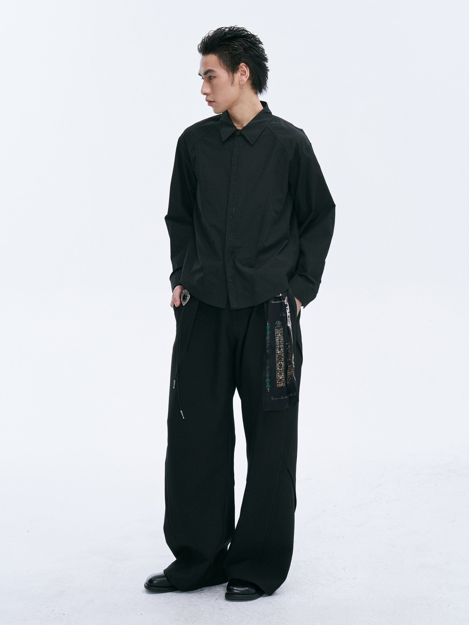 CATSSTAC Layered Seamline Floral Embroidered Shirt-Shirt-Black-M-Free Shipping Leatheretro