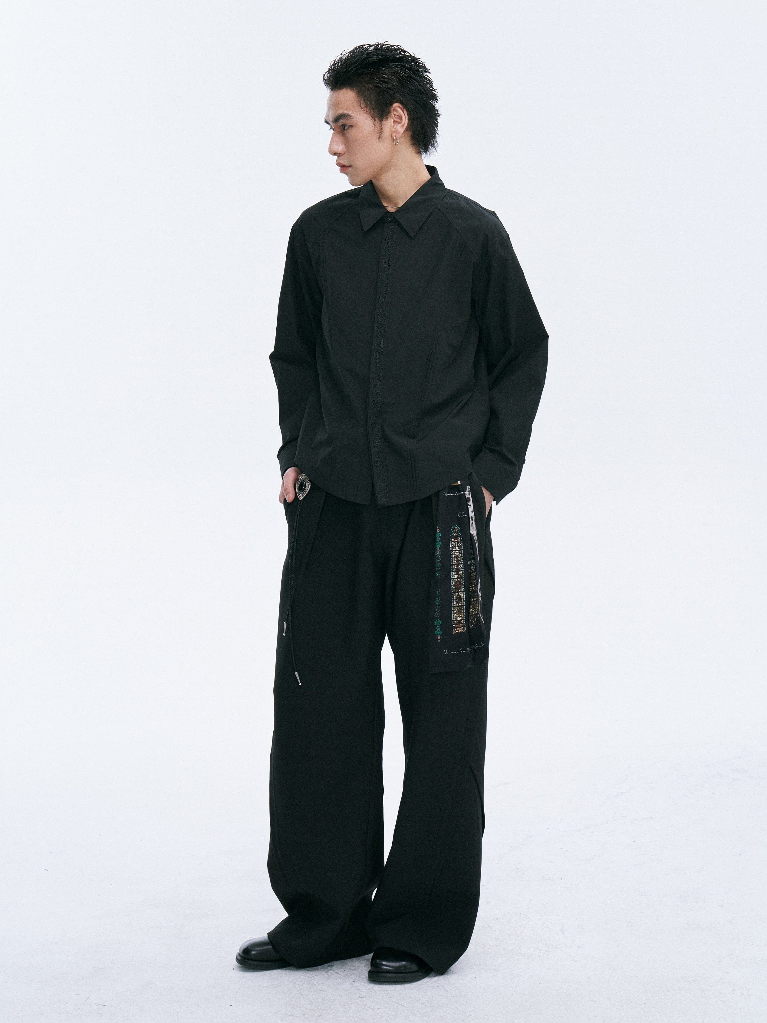 CATSSTAC Layered Seamline Floral Embroidered Shirt-Shirt-Black-M-Free Shipping Leatheretro