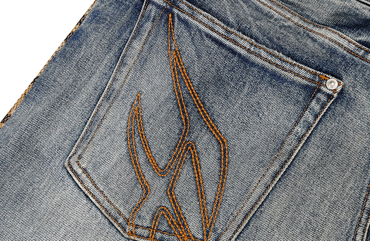 FACEONLAB Leopard Panel Distressed Straight-Leg Jeans-Jeans-M (preorder)-Free Shipping Leatheretro