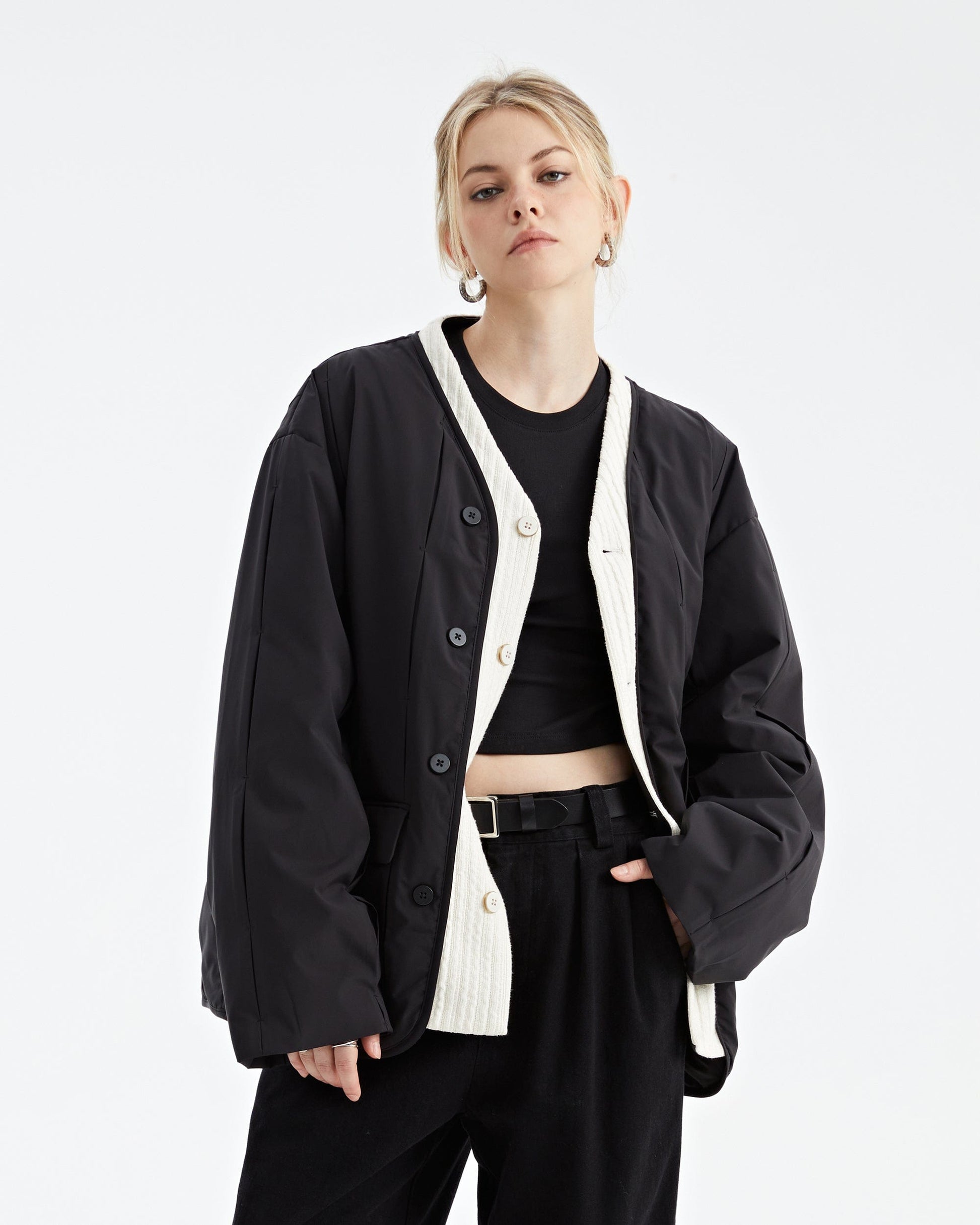 ORGANIC EMOTION Spliced Waterproof Duck Down Scarf Jacket-Jacket-Black-XS-Free Shipping Leatheretro