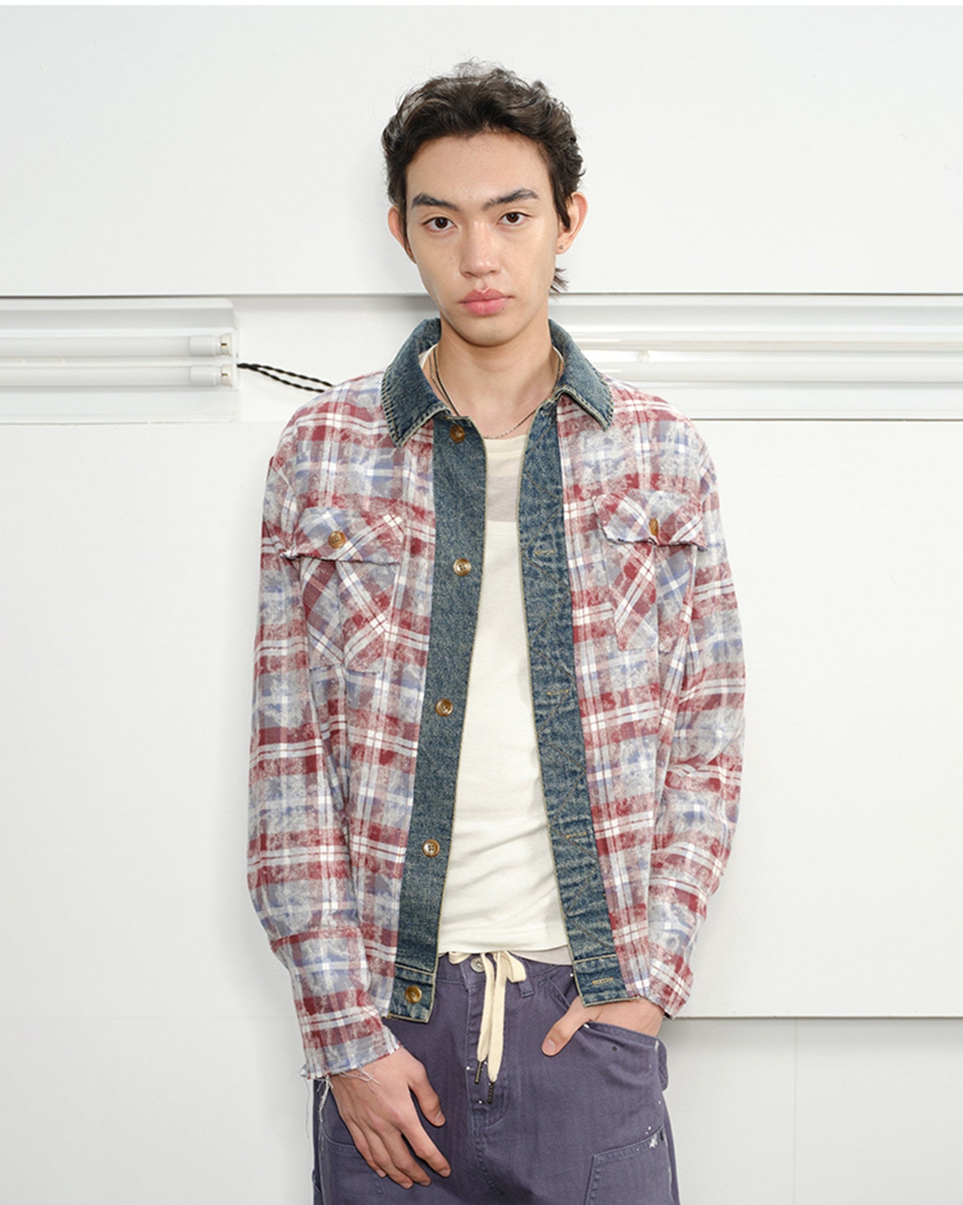 KREATE Denim Spliced Macarons Jacket-Shirt-S-Red-Free Shipping Leatheretro