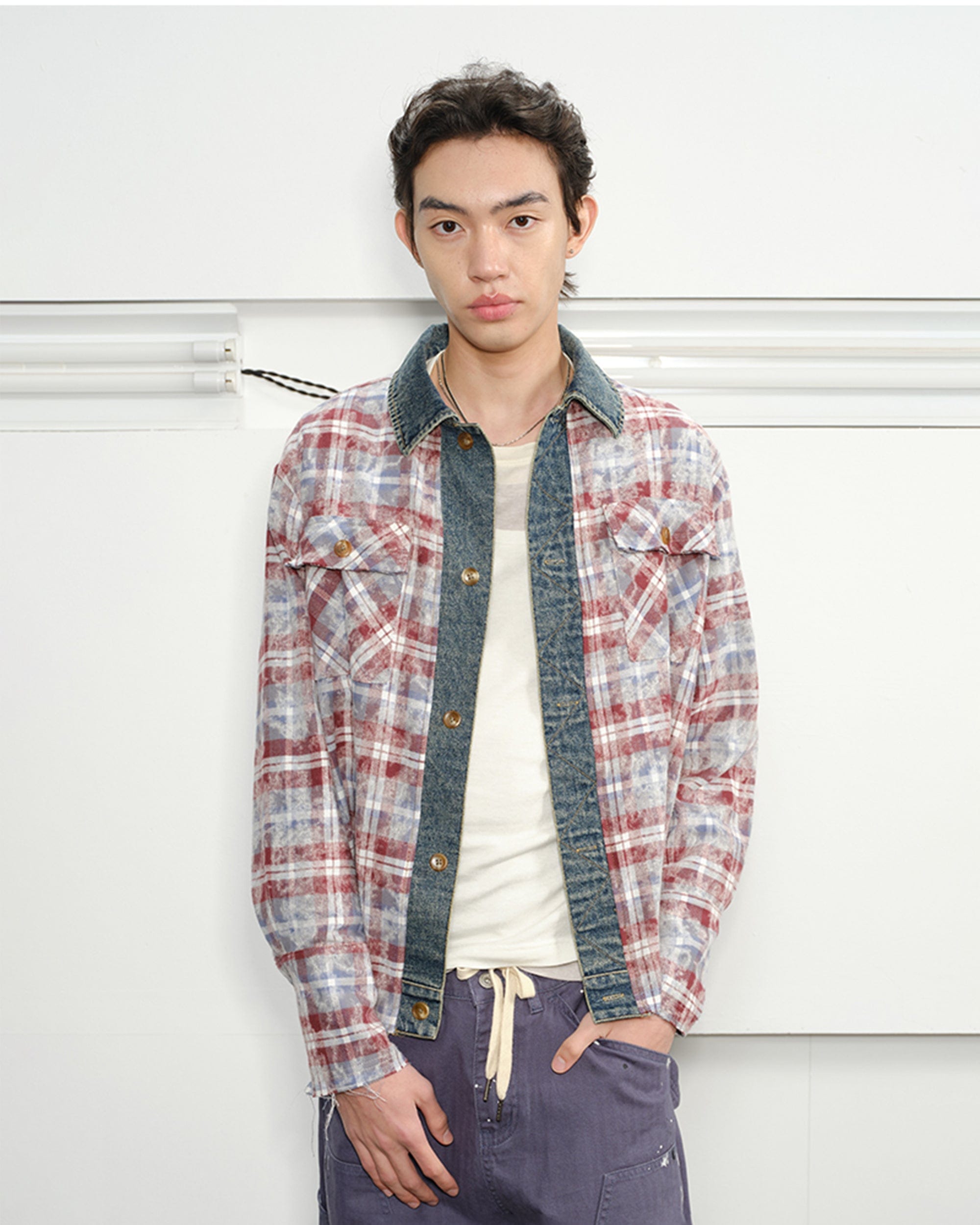 KREATE Denim Spliced Macarons Jacket-Shirt-S-Red-Free Shipping Leatheretro