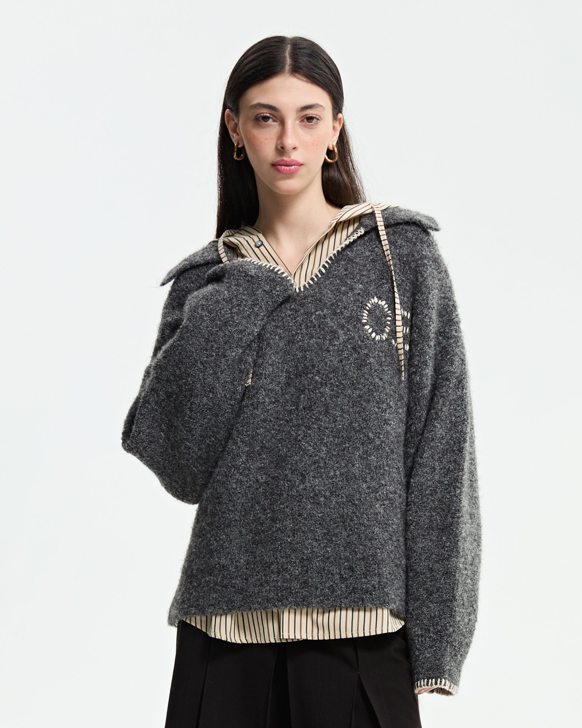 ORGANIC EMOTION Stitches V-neck Oversized Sweater-Sweater-S-Free Shipping Leatheretro