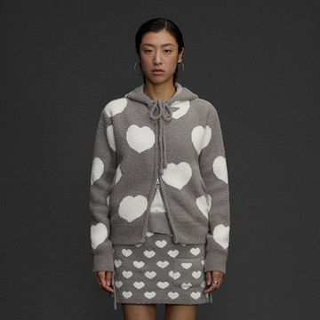 NIANJIUYIKOUER Fuzzy Heart Jacquard Zip-Up Hooded Cardigan-Jacket-XS-Free Shipping Leatheretro