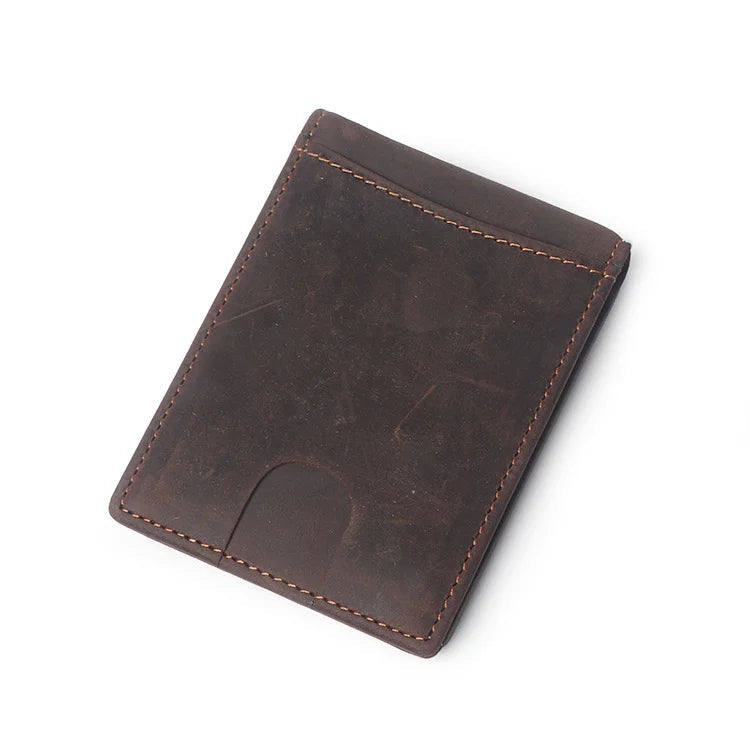 Men’s Slim Leather Card Holder Wallet – Genuine Cowhide with Dollar Clip-Wallets & Money Clips-Olive Green-Free Shipping Leatheretro