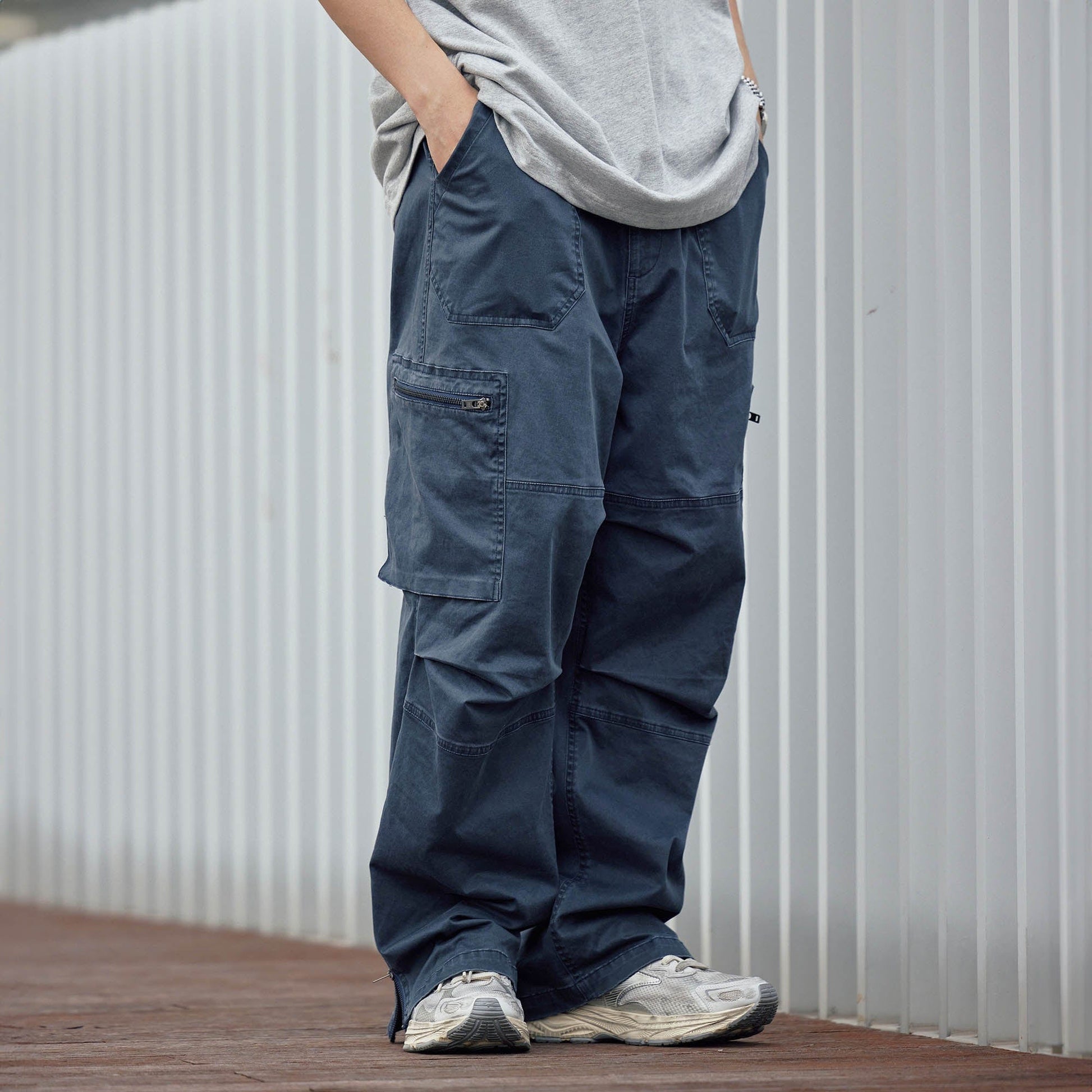 BANANA CLUB Zippered-Hem Multi-Pocket Crinkled Cargo Pants-Pants-S-Blue-Free Shipping Leatheretro