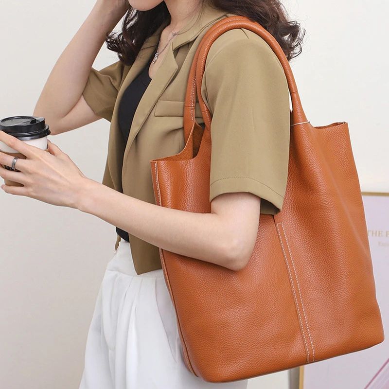 Real Leather Shopper Tote Bag-Tote Bag-Khaki-Free Shipping Leatheretro