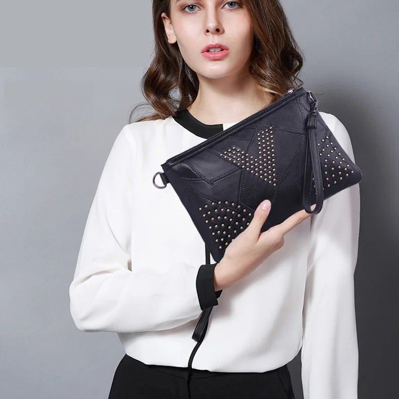 Women’s Black Rivet Shoulder Bag – Small Crossbody Messenger Handbag-Handbags-Black-Free Shipping Leatheretro