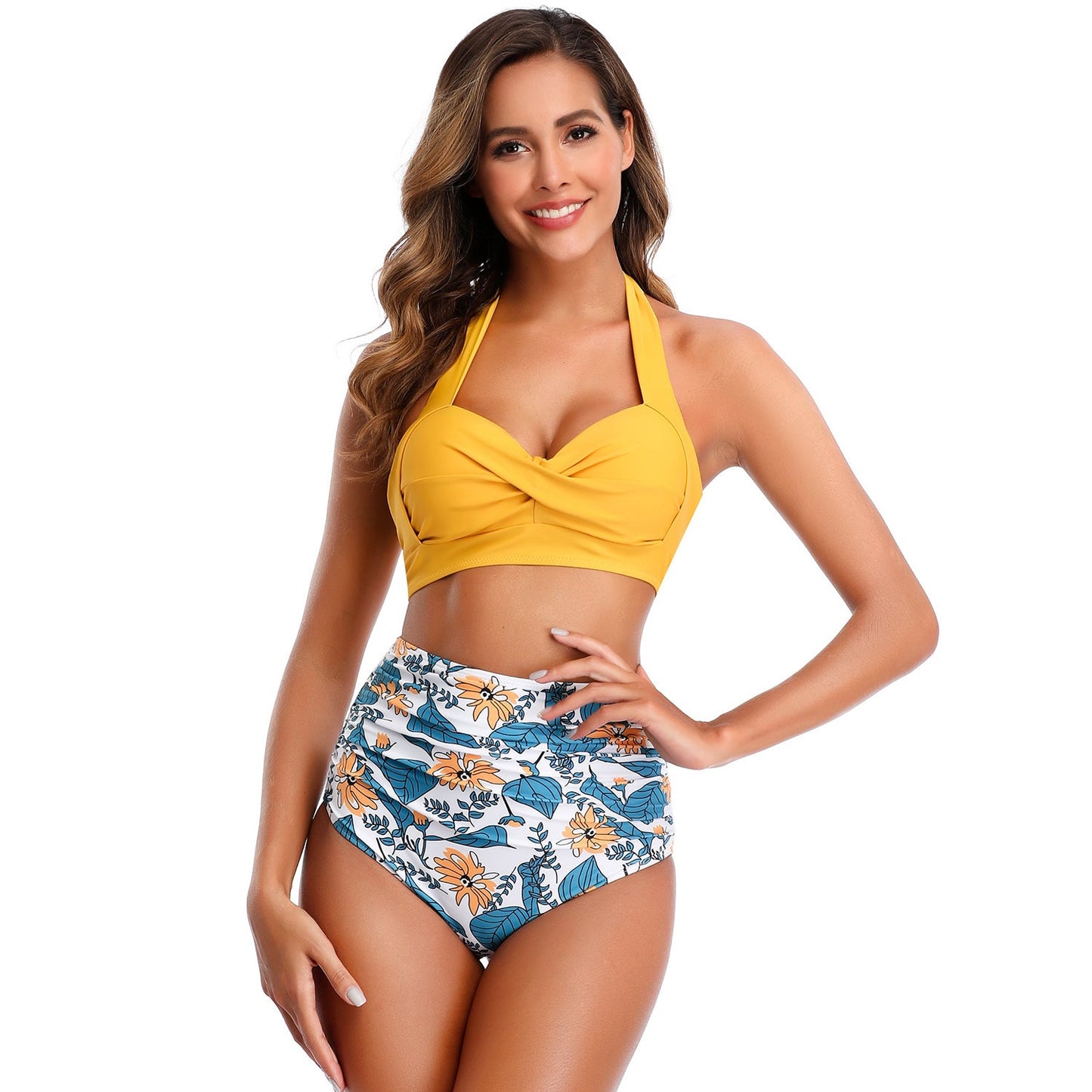 Women High Waist Floral Print Bikinis-Swimwear-Yellow-S-Free Shipping Leatheretro