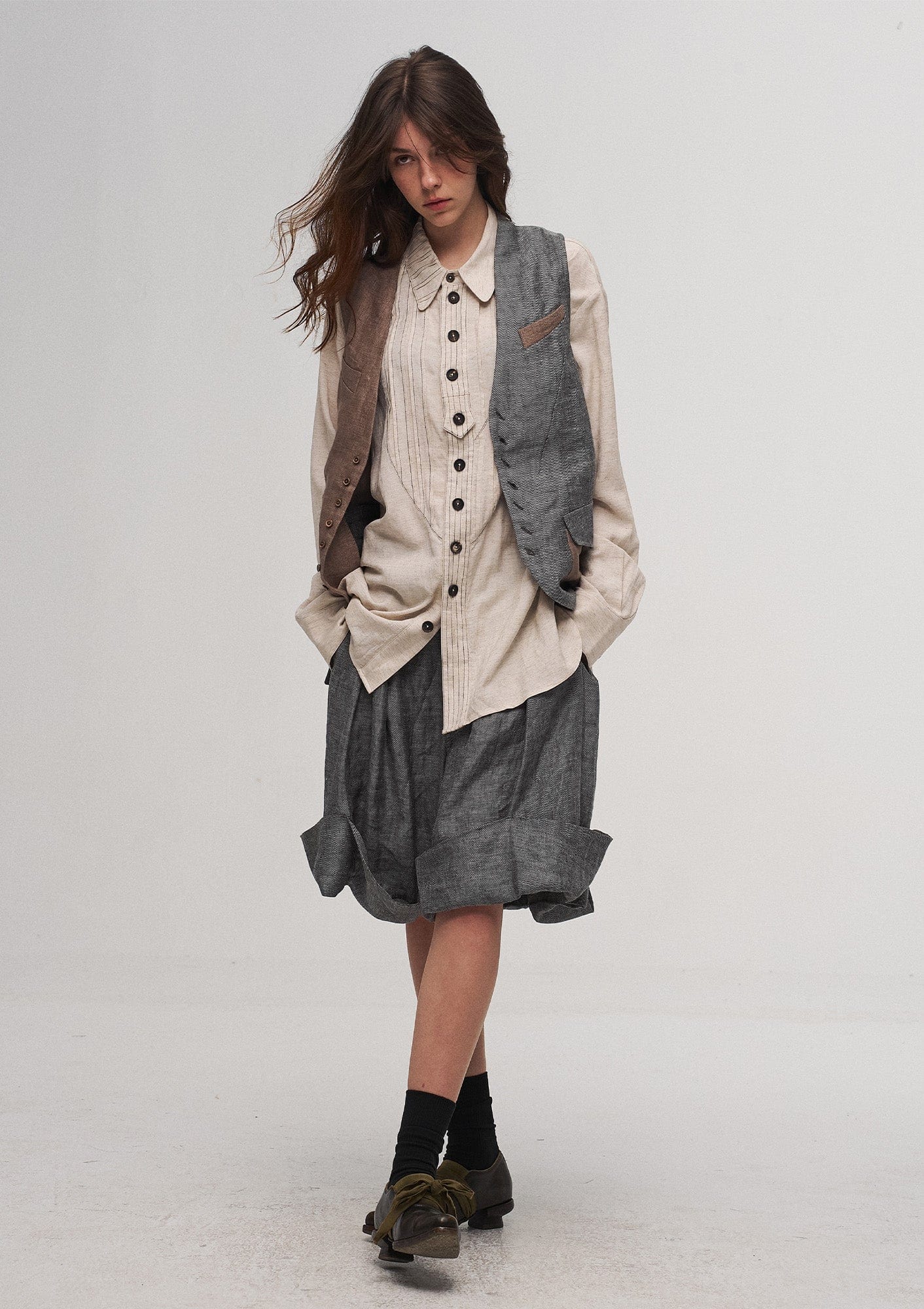 ILNya Nieternite Nifutur Shield Panel Pleated Cotton-Linen Shirt-Shirt-S (0) (Preorder)-Free Shipping Leatheretro