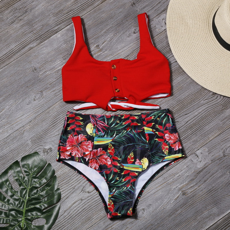 Sexy Women High Waist Leaf Print Two Pieces Swimsuits-Swimwear-E-S-Free Shipping Leatheretro