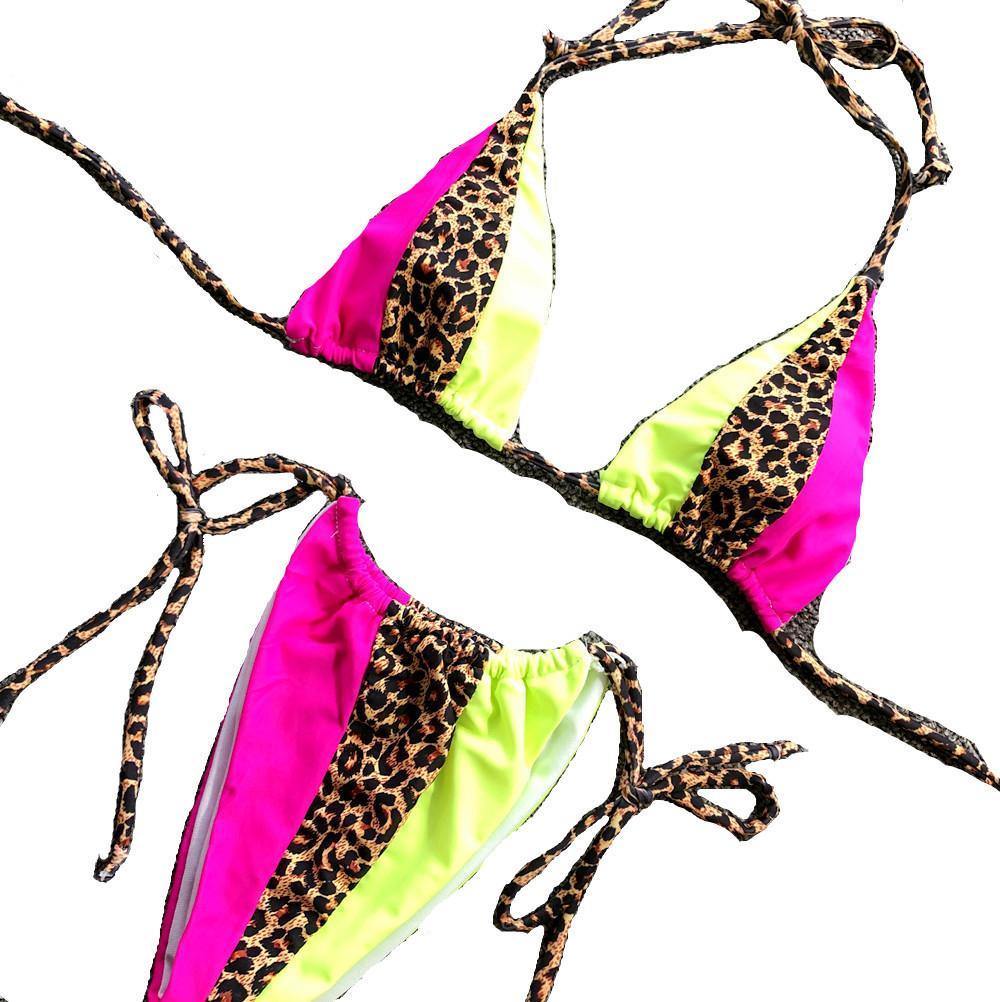 Sexy Leopard Contrast Bandage Bikini-Women Swimwear-Rose Red-S-Free Shipping Leatheretro