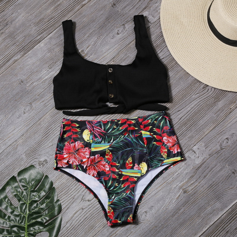 Sexy Women High Waist Leaf Print Two Pieces Swimsuits-Swimwear-A-S-Free Shipping Leatheretro