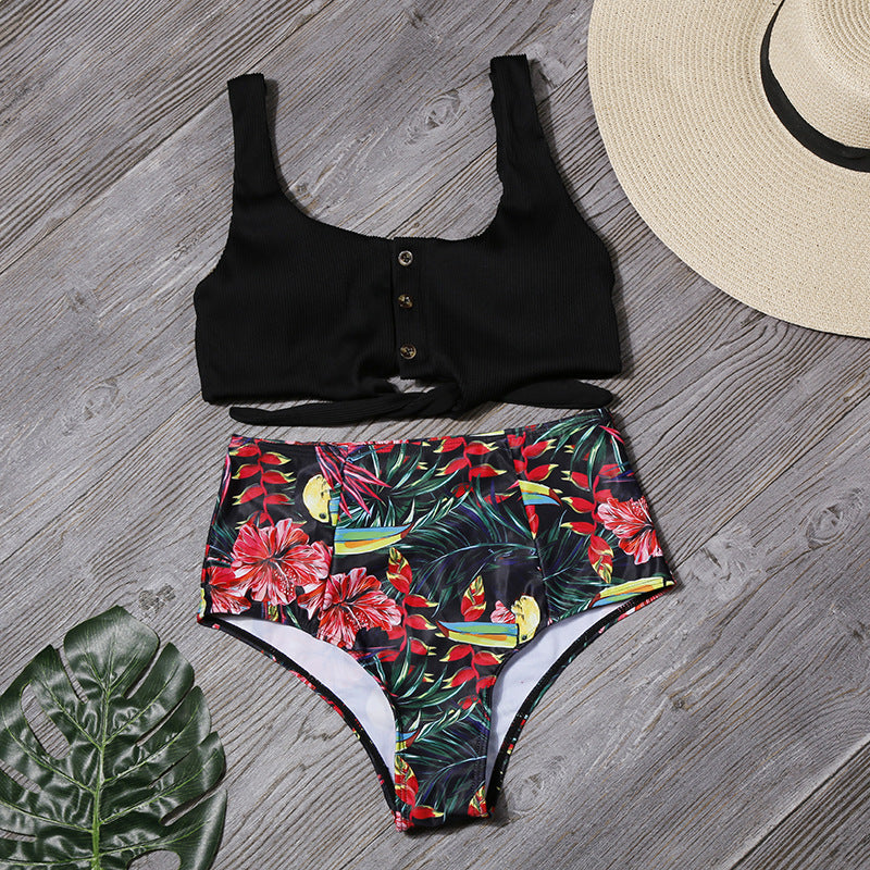 Sexy Women High Waist Leaf Print Two Pieces Swimsuits-Swimwear-D-S-Free Shipping Leatheretro