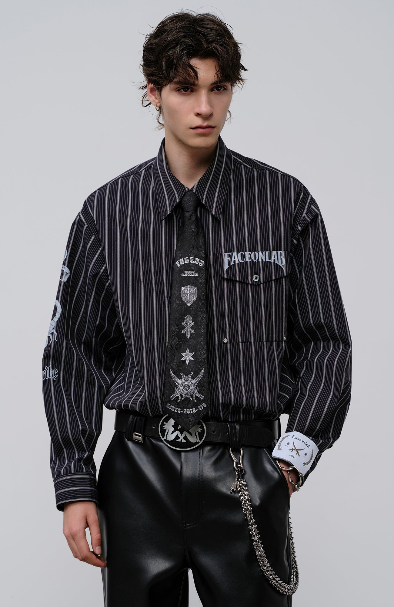 FACEONLAB Stripe Animal Graphic Relaxed Shirt Black-Shirt-M-Free Shipping Leatheretro