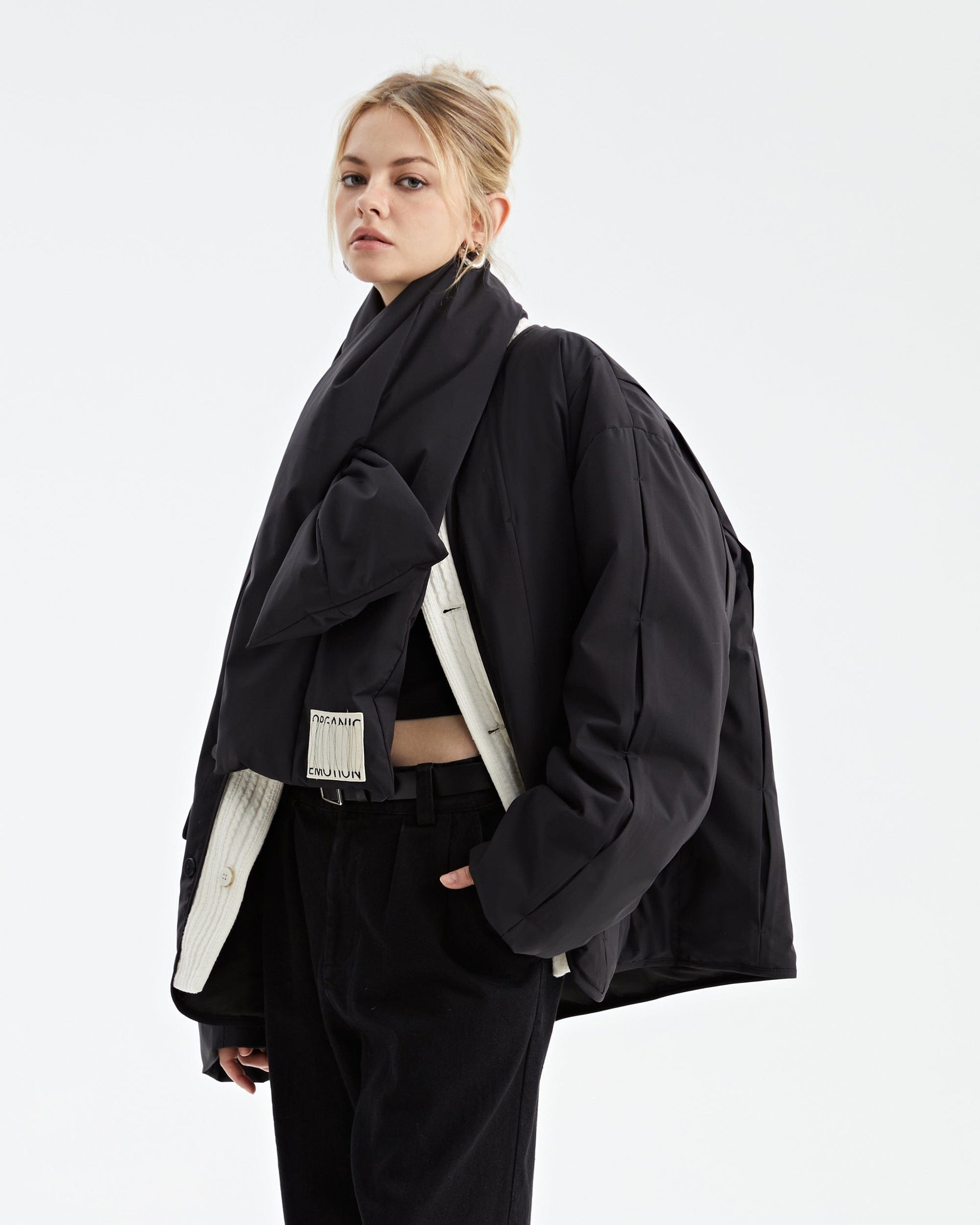 ORGANIC EMOTION Spliced Waterproof Duck Down Scarf Jacket-Jacket-Black-XS-Free Shipping Leatheretro