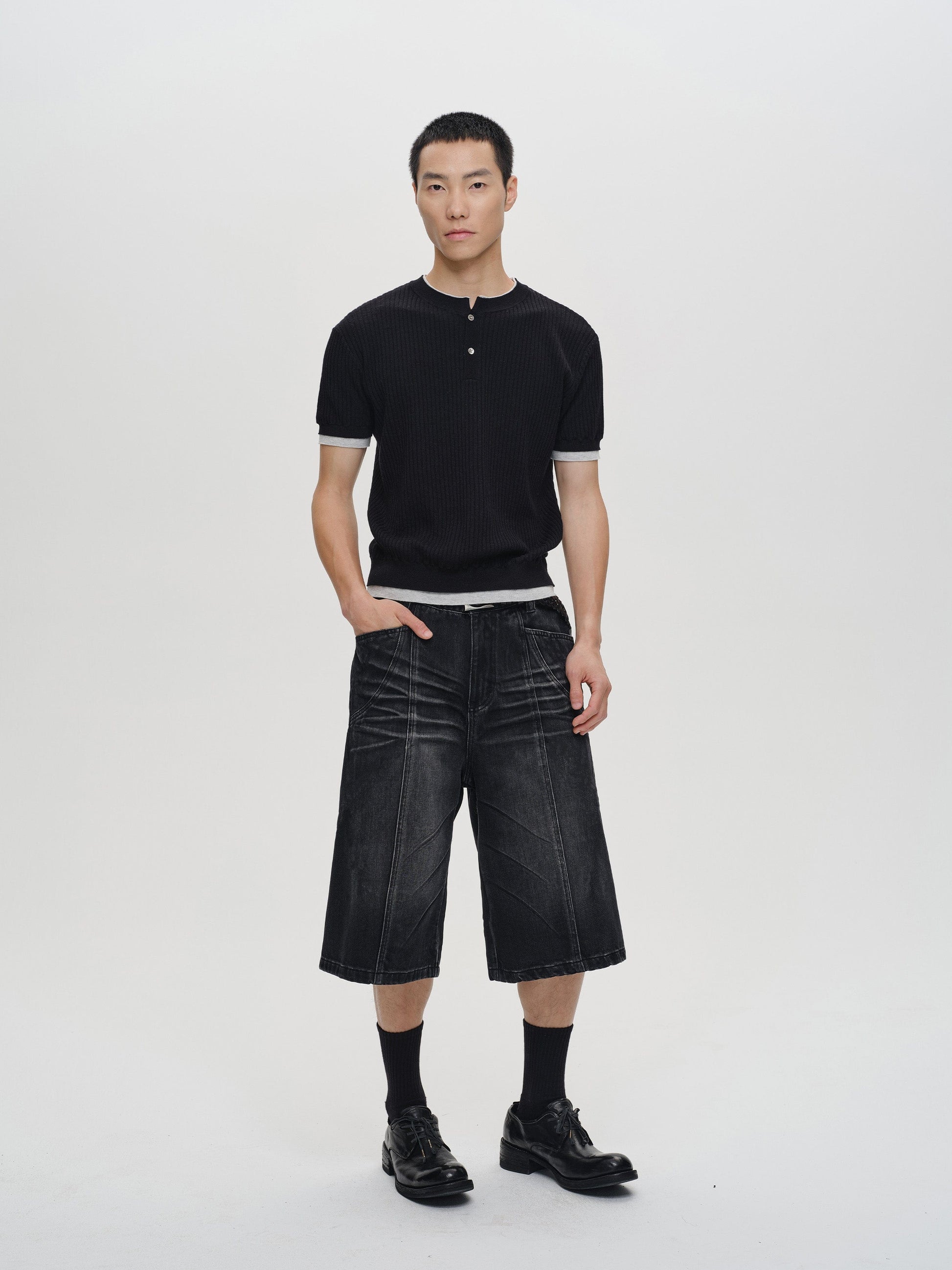 CATSSTAC Whisker-Wash Middle-Spliced Wide-Leg Shorts-Shorts-Blue-M-Free Shipping Leatheretro